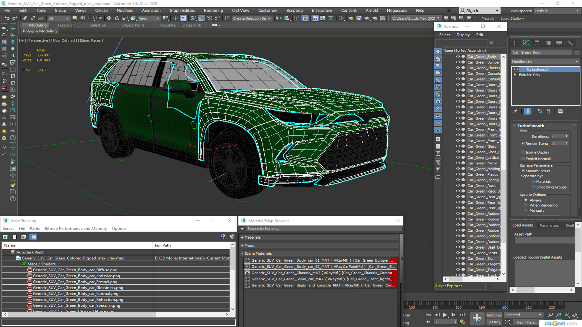 3D Generic SUV Car Green Colored Rigged