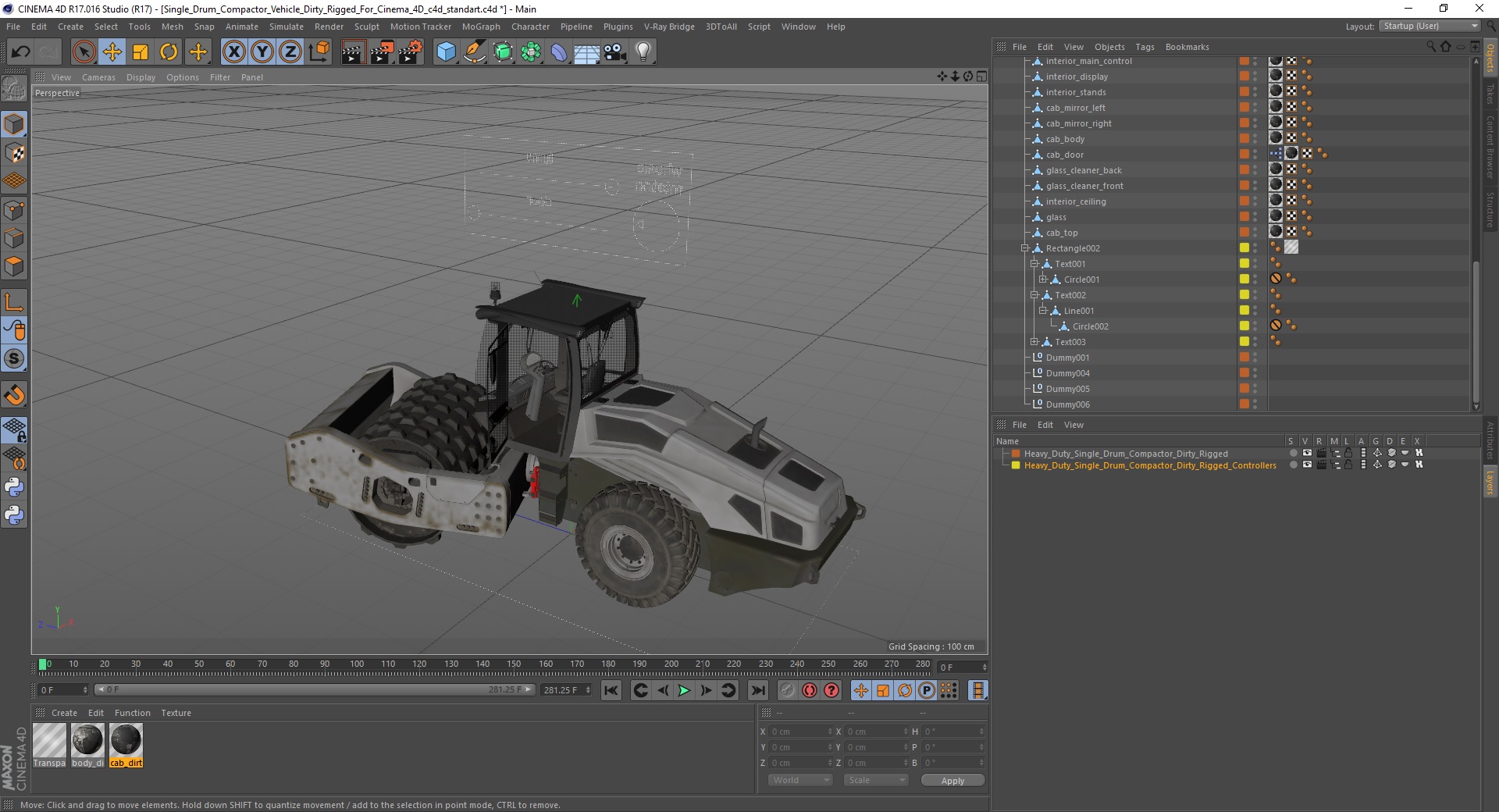 Heavy Duty Single Drum Compactor Dirty Rigged for Cinema 4D 3D model