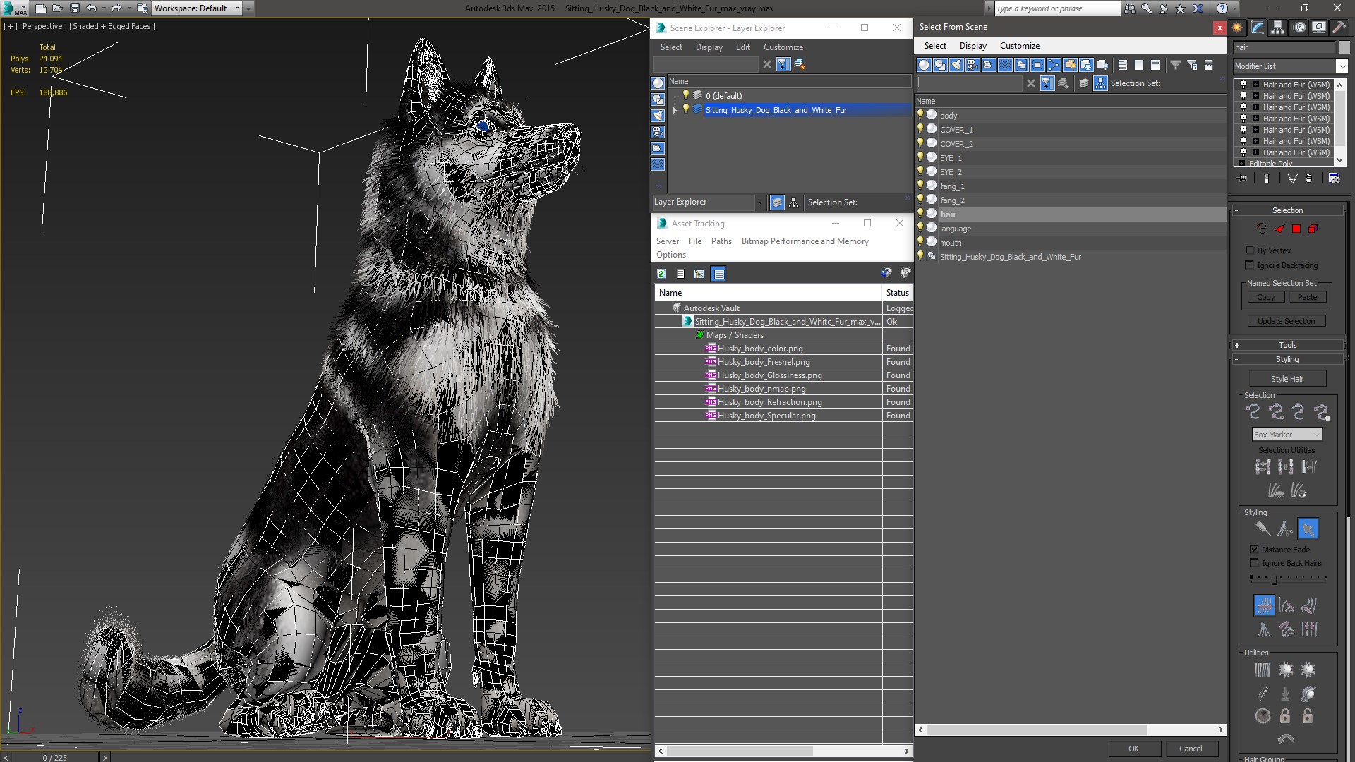 Sitting Husky Dog Black and White Fur 3D