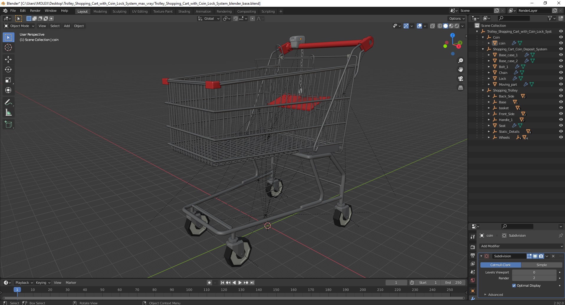 3D Trolley Shopping Cart with Coin Lock System model