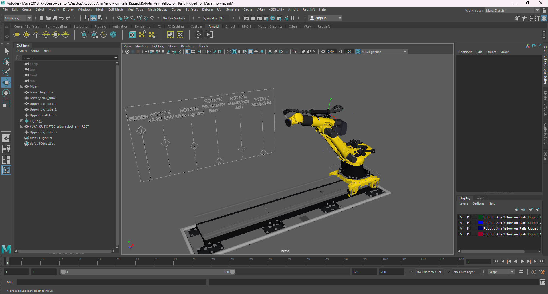 3D Robotic Arm Yellow on Rails Rigged for Maya model