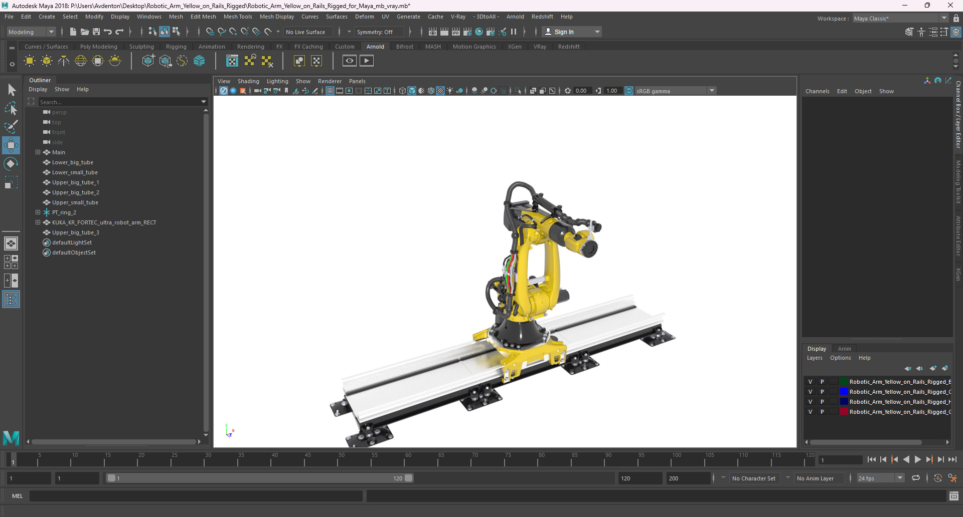 3D Robotic Arm Yellow on Rails Rigged for Maya model