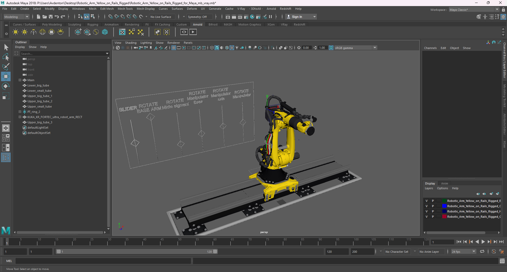 3D Robotic Arm Yellow on Rails Rigged for Maya model