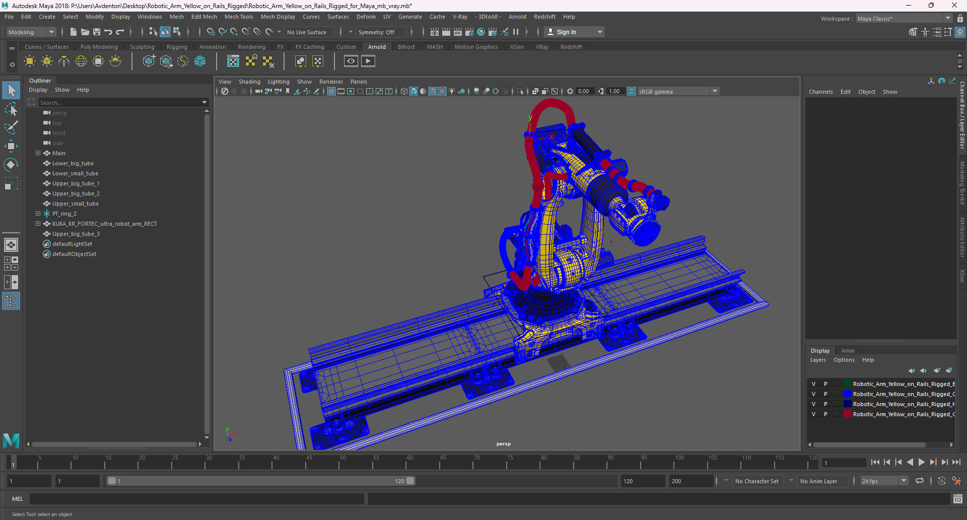 3D Robotic Arm Yellow on Rails Rigged for Maya model