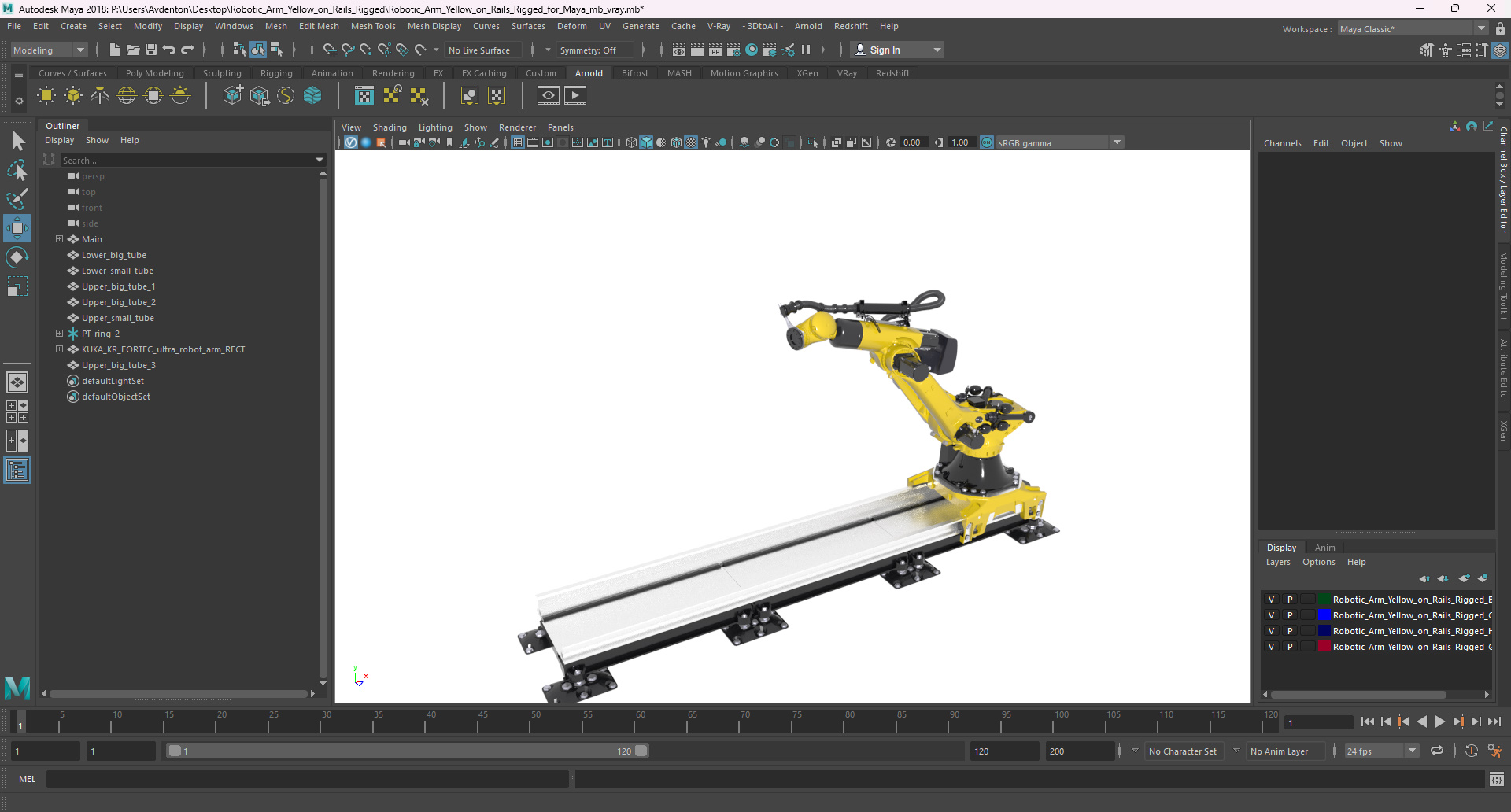 3D Robotic Arm Yellow on Rails Rigged for Maya model