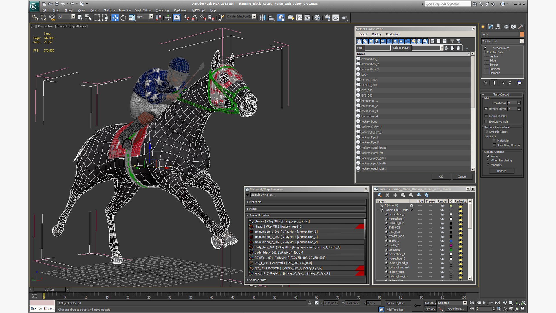 Running Black Racing Horse with Jokey 3D