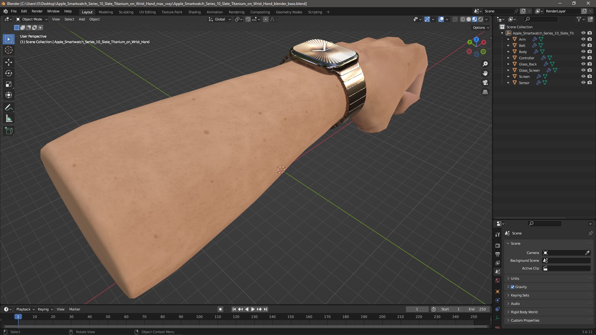 3D model Apple Smartwatch Series 10 Slate Titanium on Wrist Hand