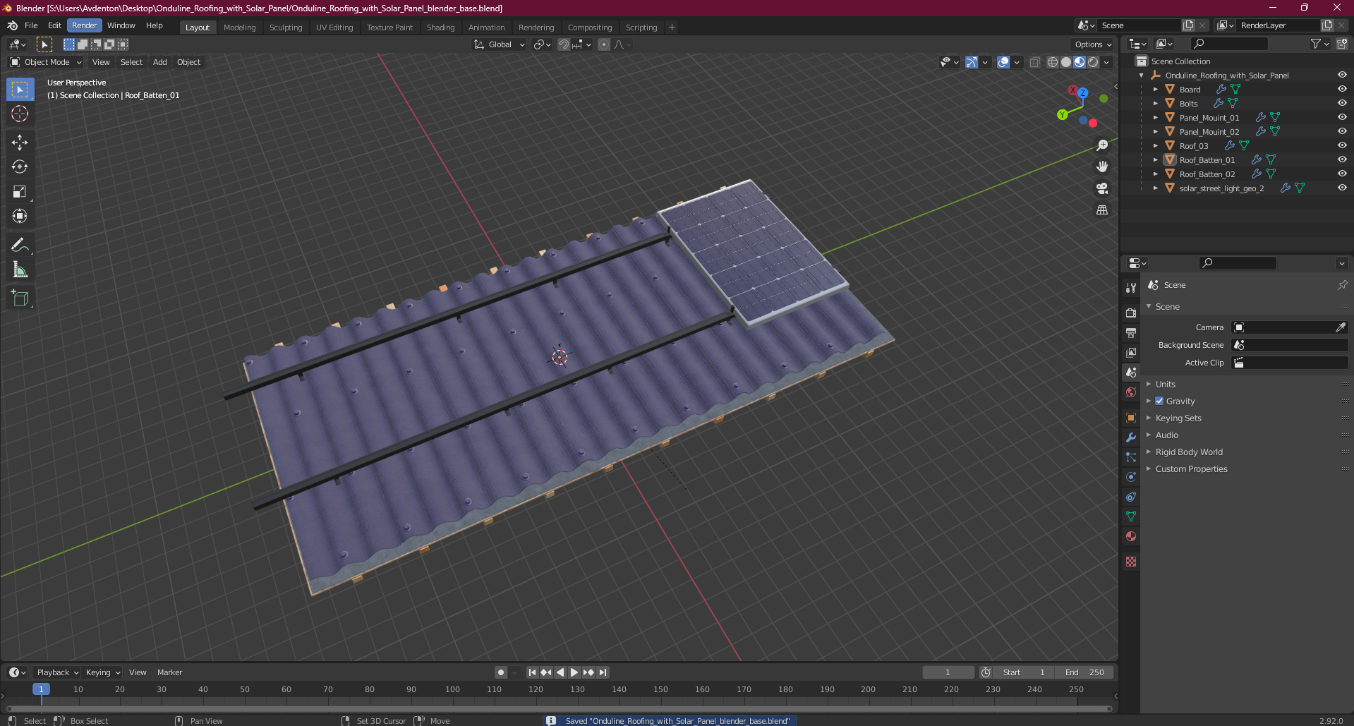 3D Onduline Roofing with Solar Panel model