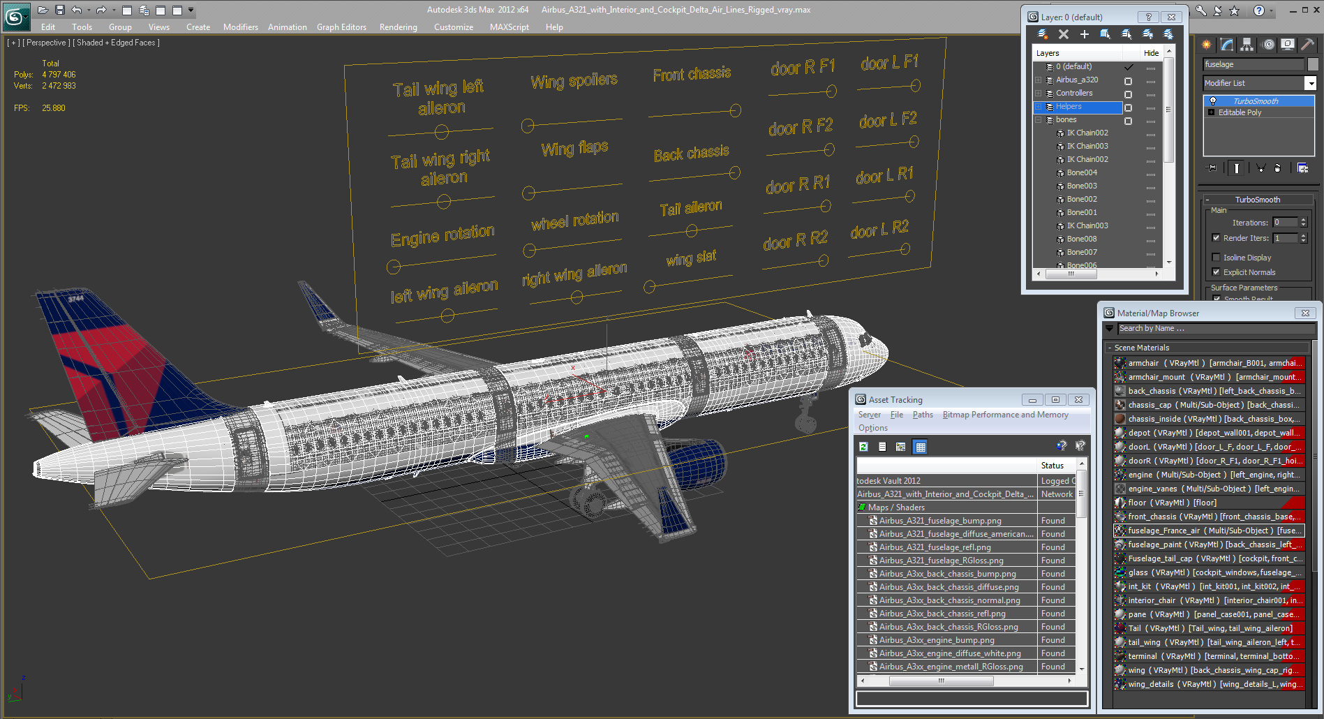 3D model Airbus A321 with Interior and Cockpit Delta Air Lines Rigged