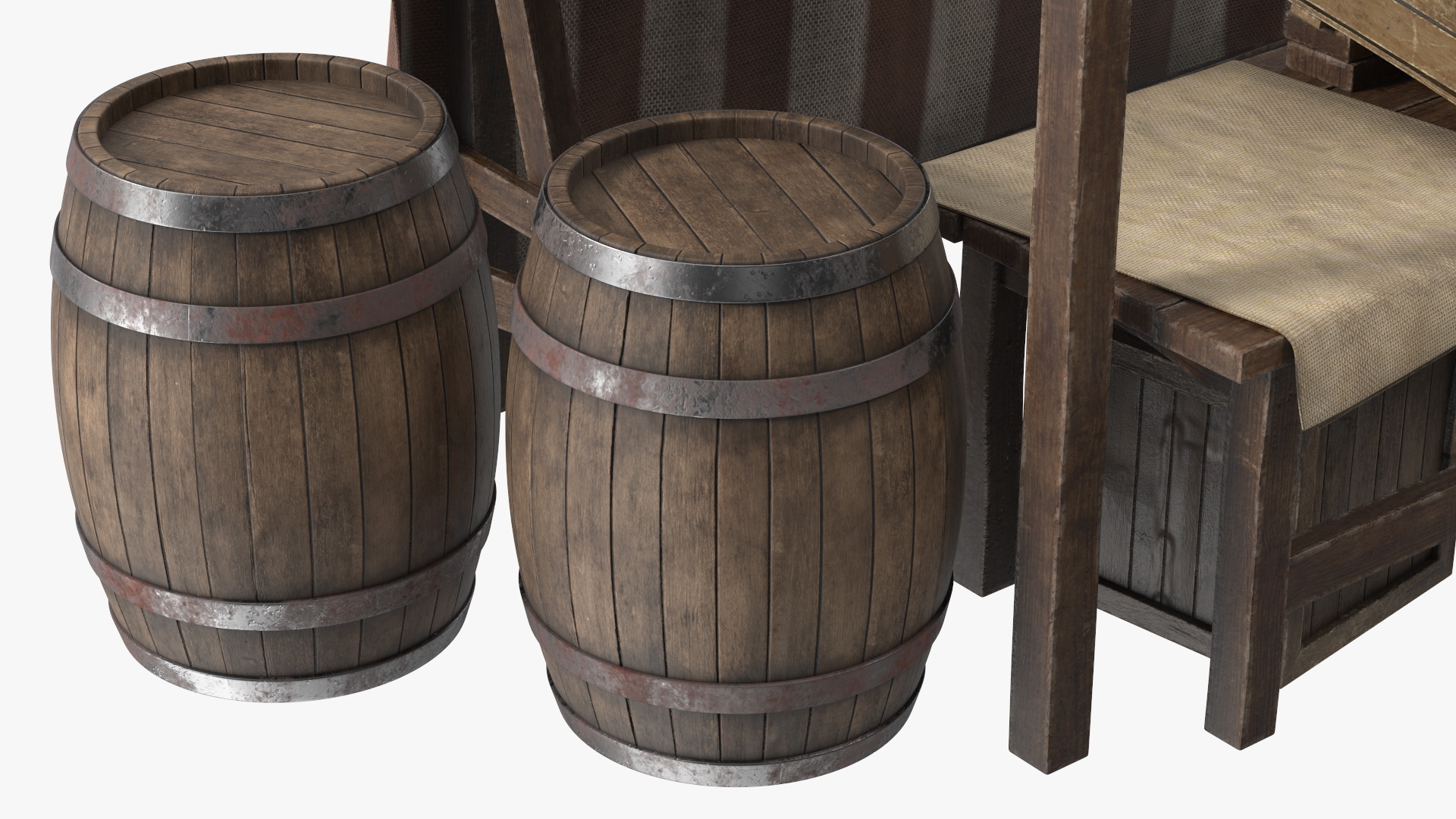 3D Medieval Food Market Stall with Striped Awning
