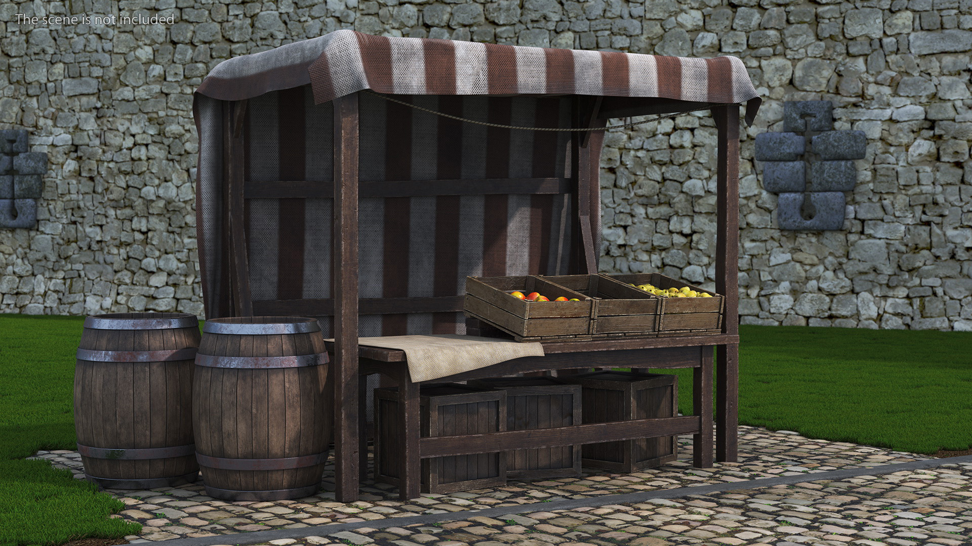 3D Medieval Food Market Stall with Striped Awning
