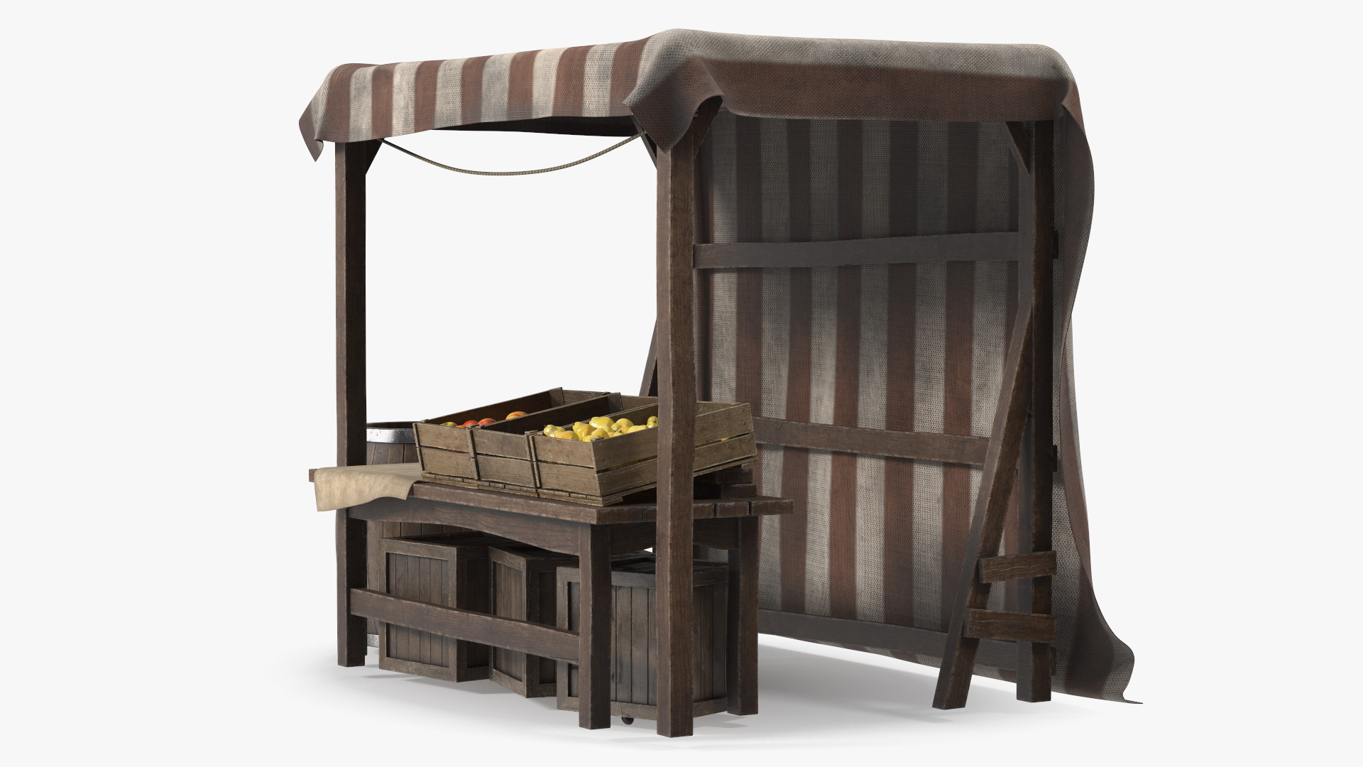 3D Medieval Food Market Stall with Striped Awning