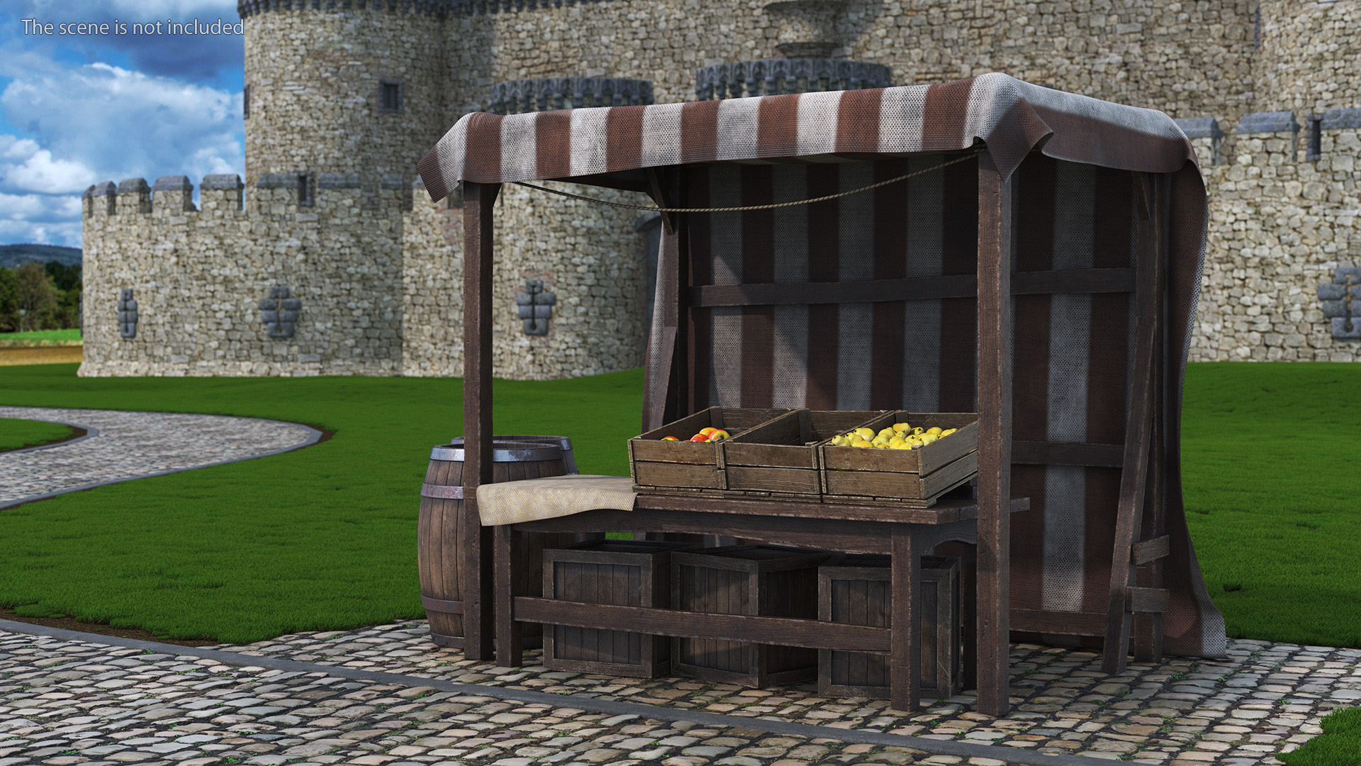 3D Medieval Food Market Stall with Striped Awning