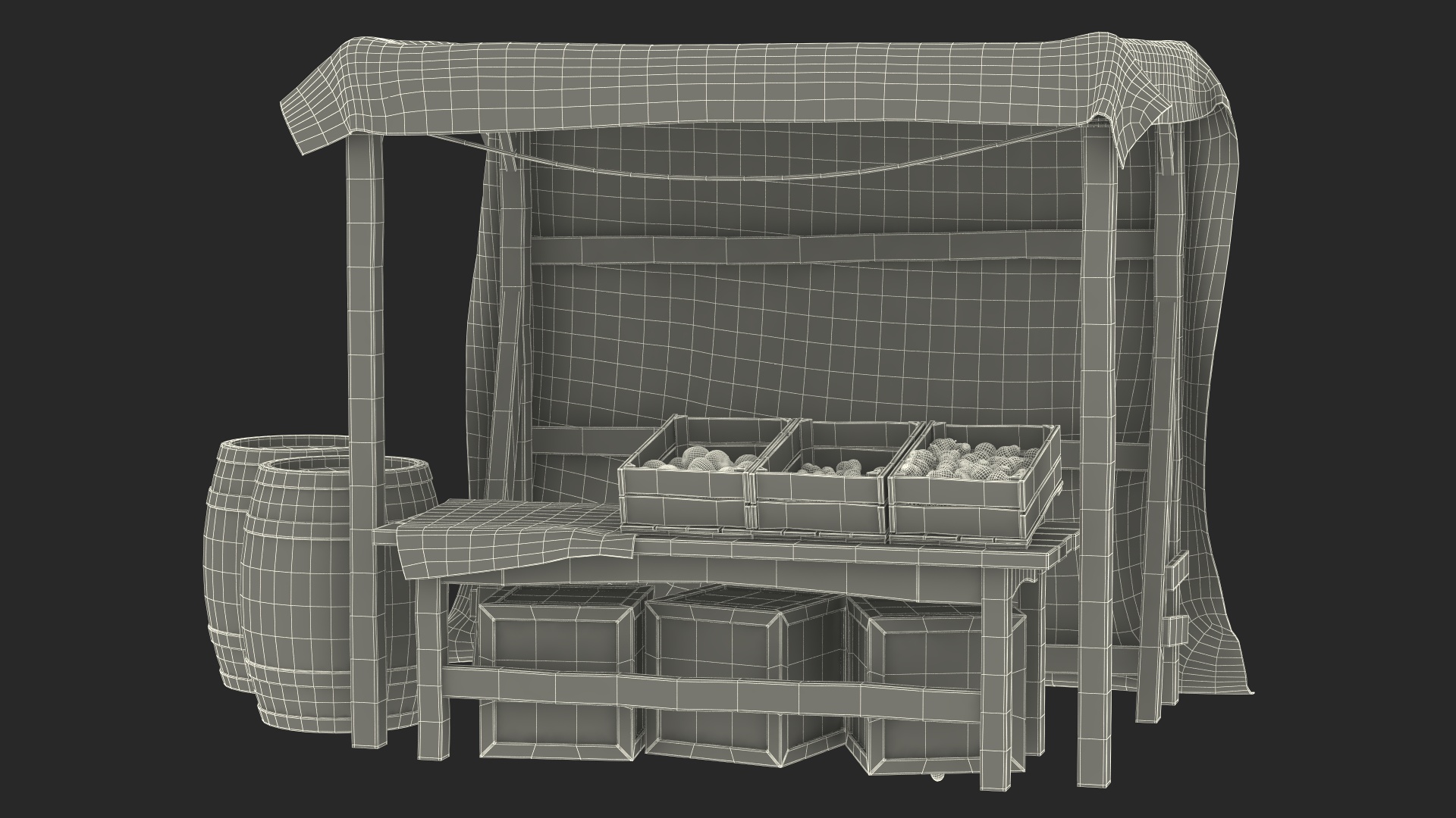 3D Medieval Food Market Stall with Striped Awning