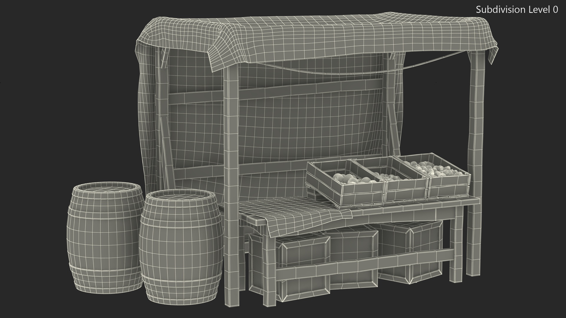 3D Medieval Food Market Stall with Striped Awning