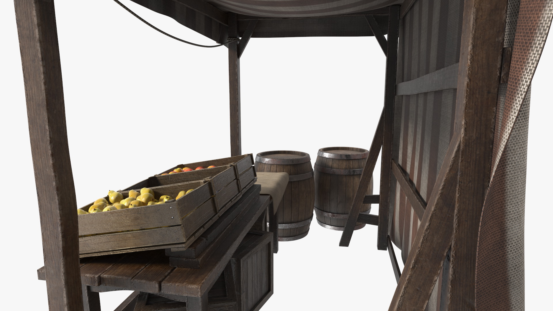 3D Medieval Food Market Stall with Striped Awning