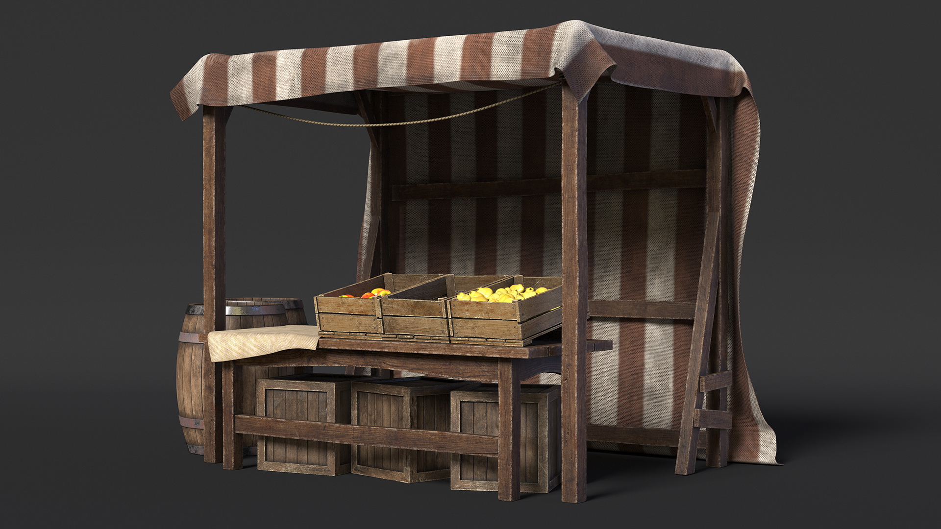 3D Medieval Food Market Stall with Striped Awning