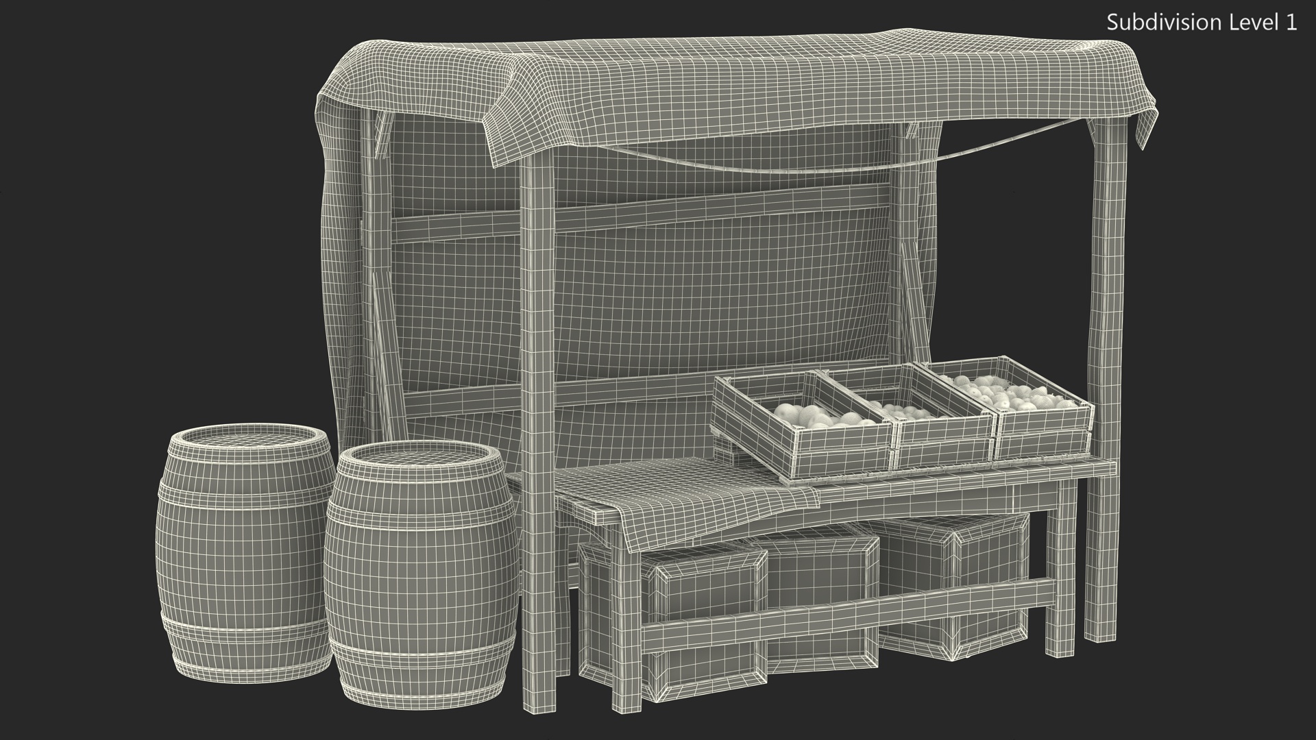 3D Medieval Food Market Stall with Striped Awning