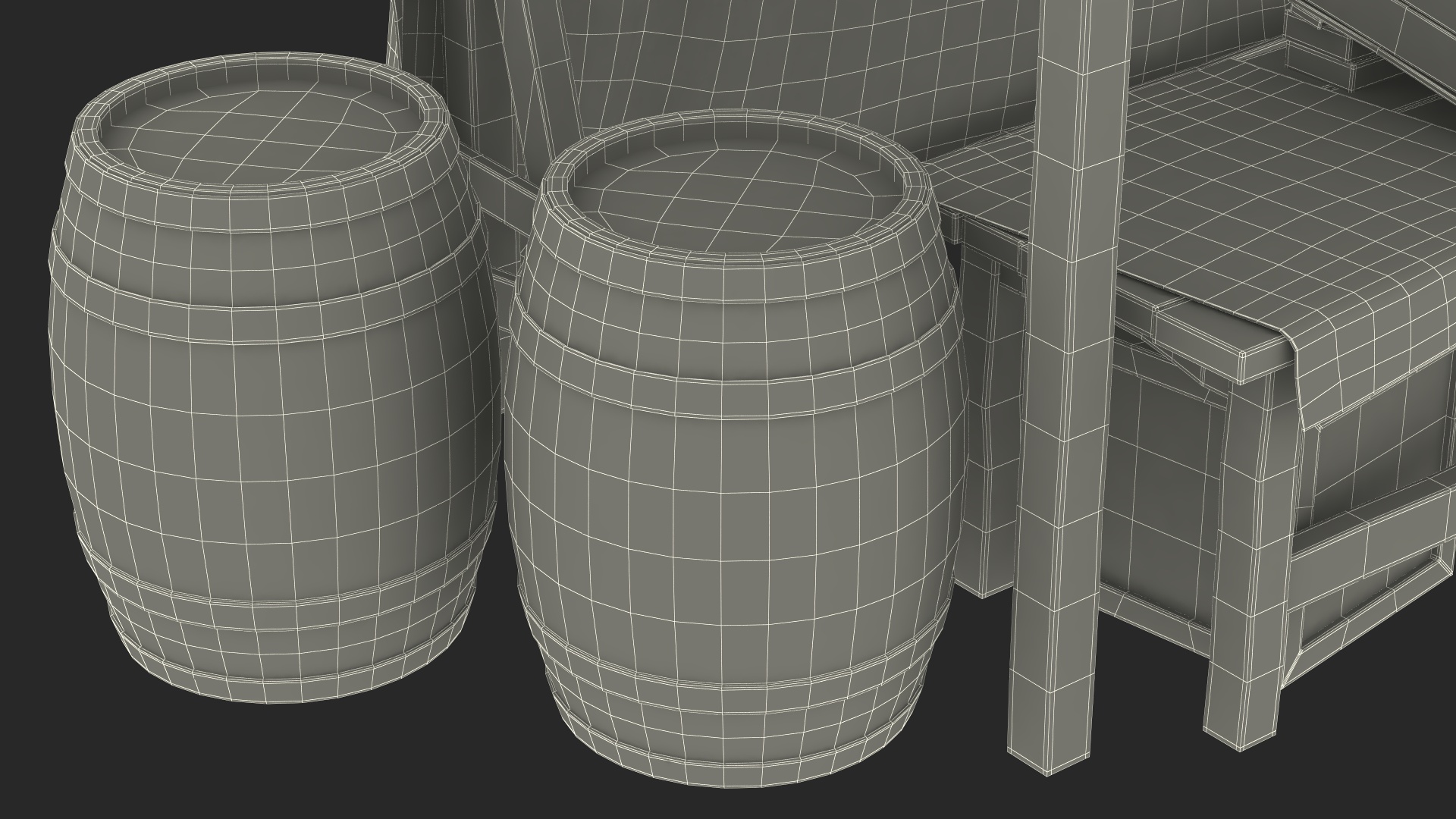 3D Medieval Food Market Stall with Striped Awning