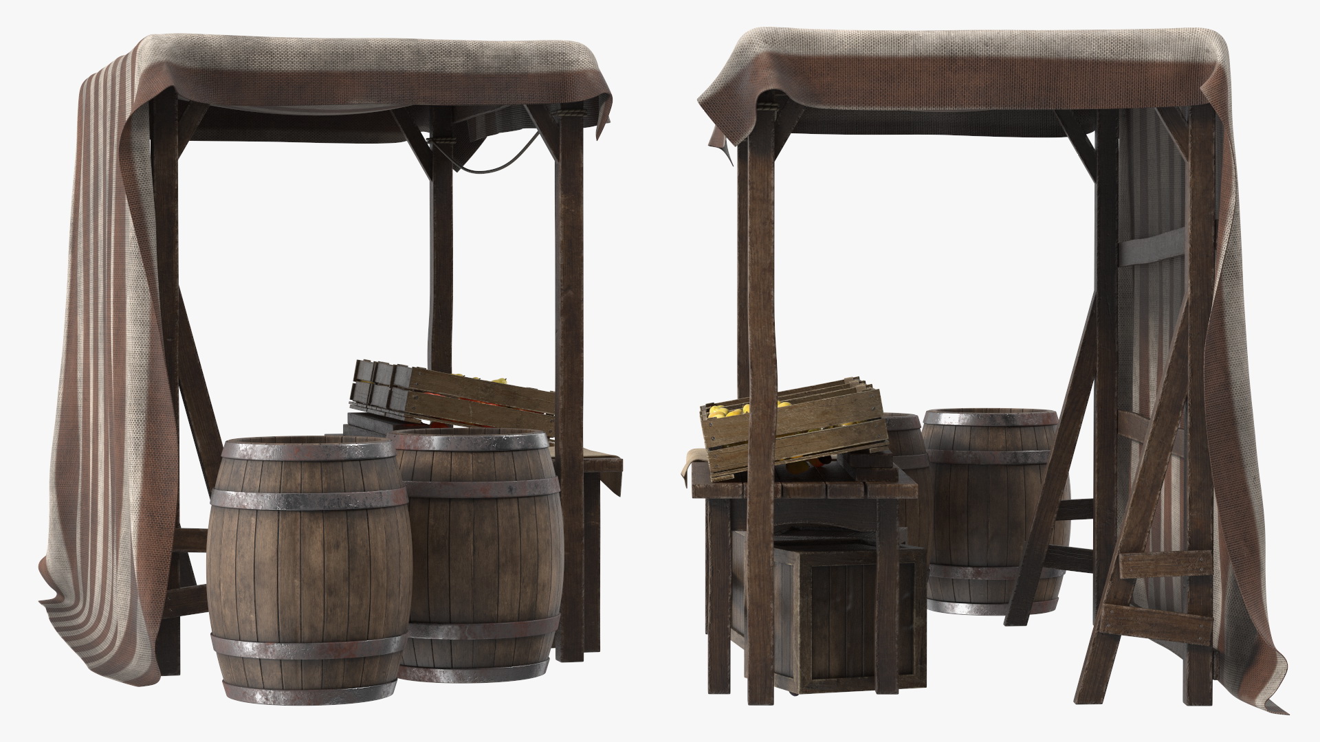 3D Medieval Food Market Stall with Striped Awning