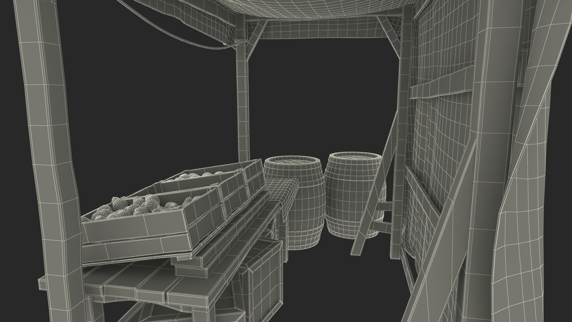 3D Medieval Food Market Stall with Striped Awning