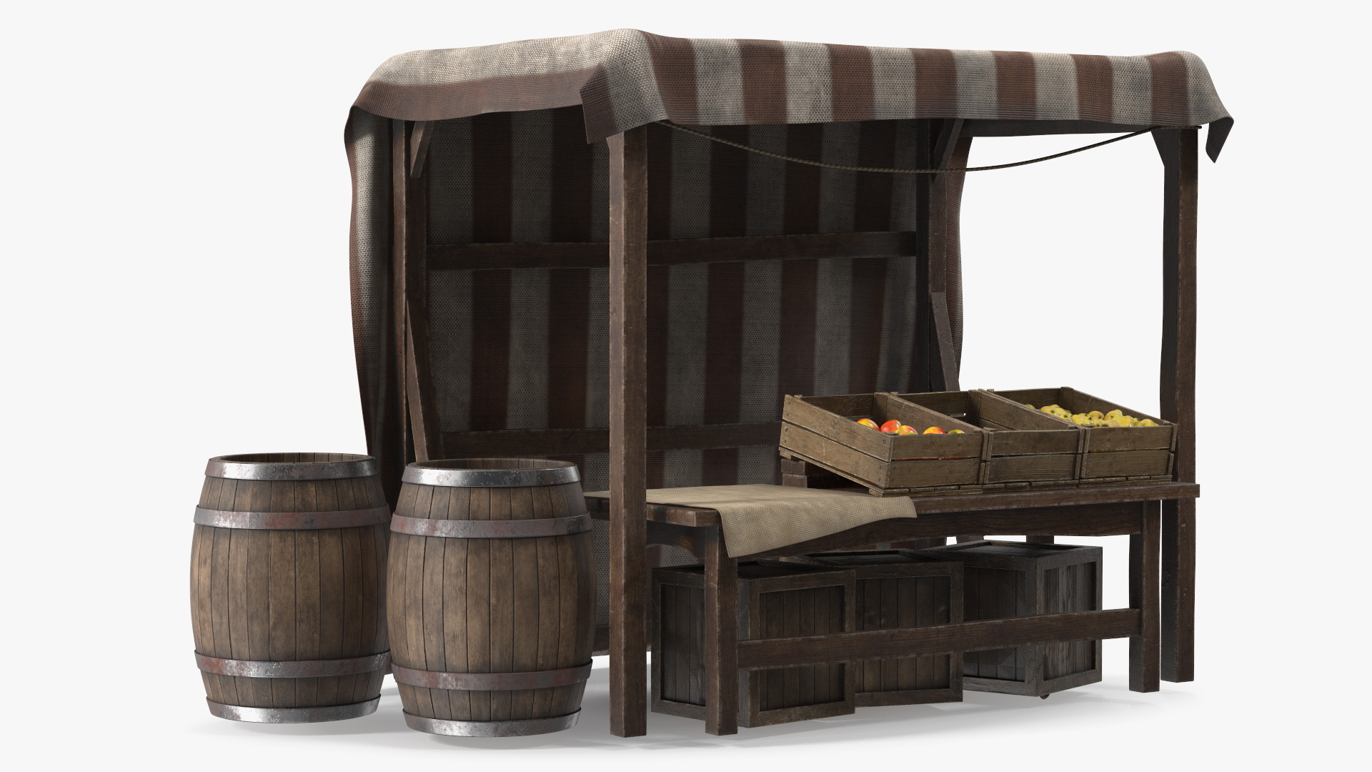 3D Medieval Food Market Stall with Striped Awning