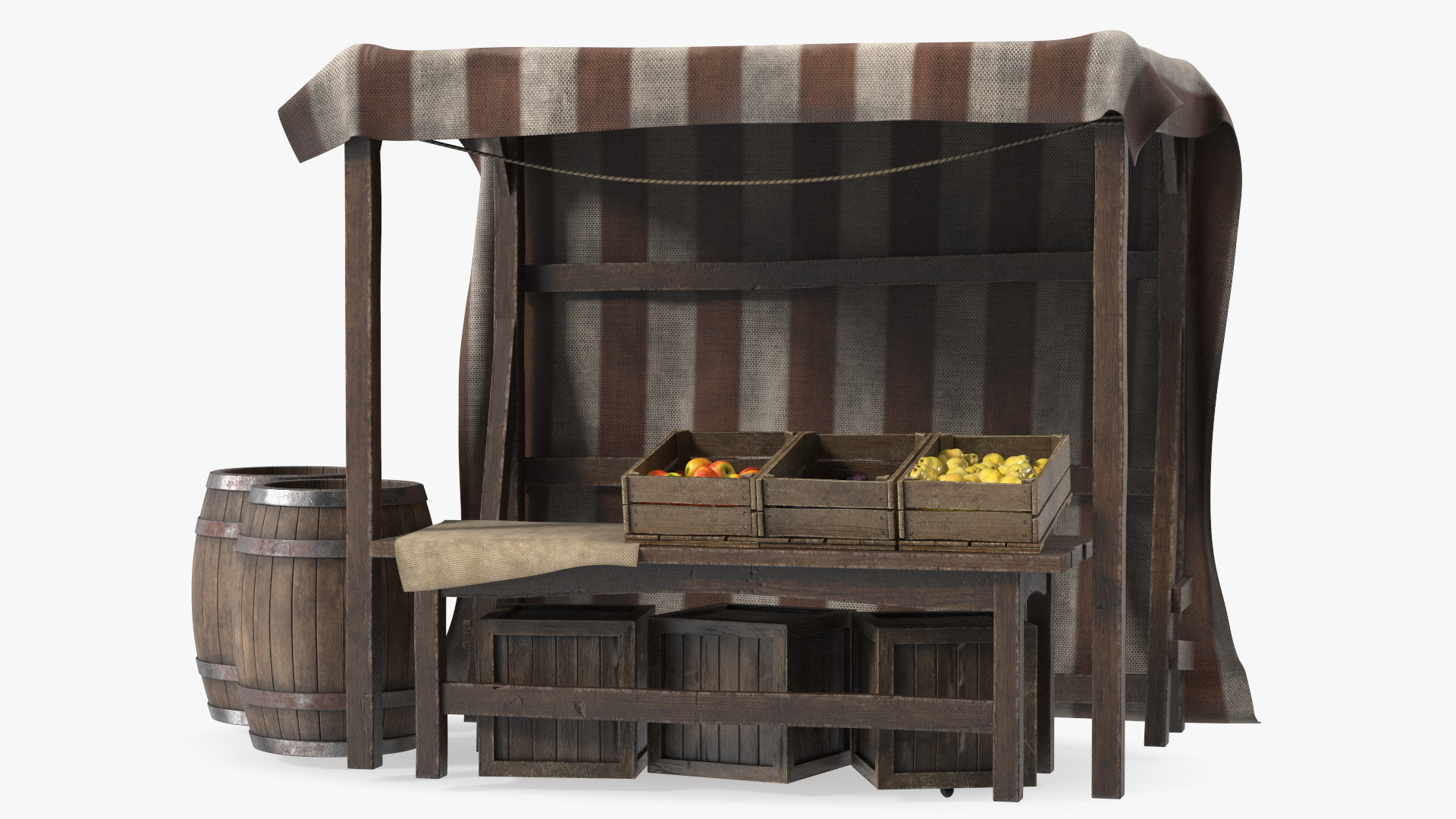 3D Medieval Food Market Stall with Striped Awning