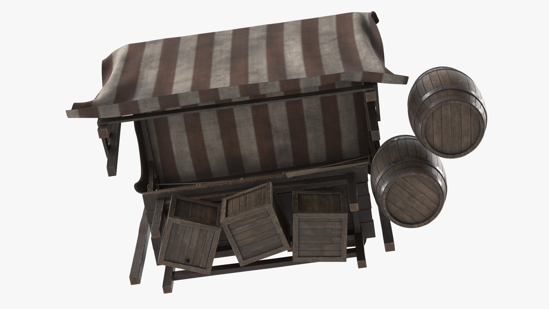 3D Medieval Food Market Stall with Striped Awning