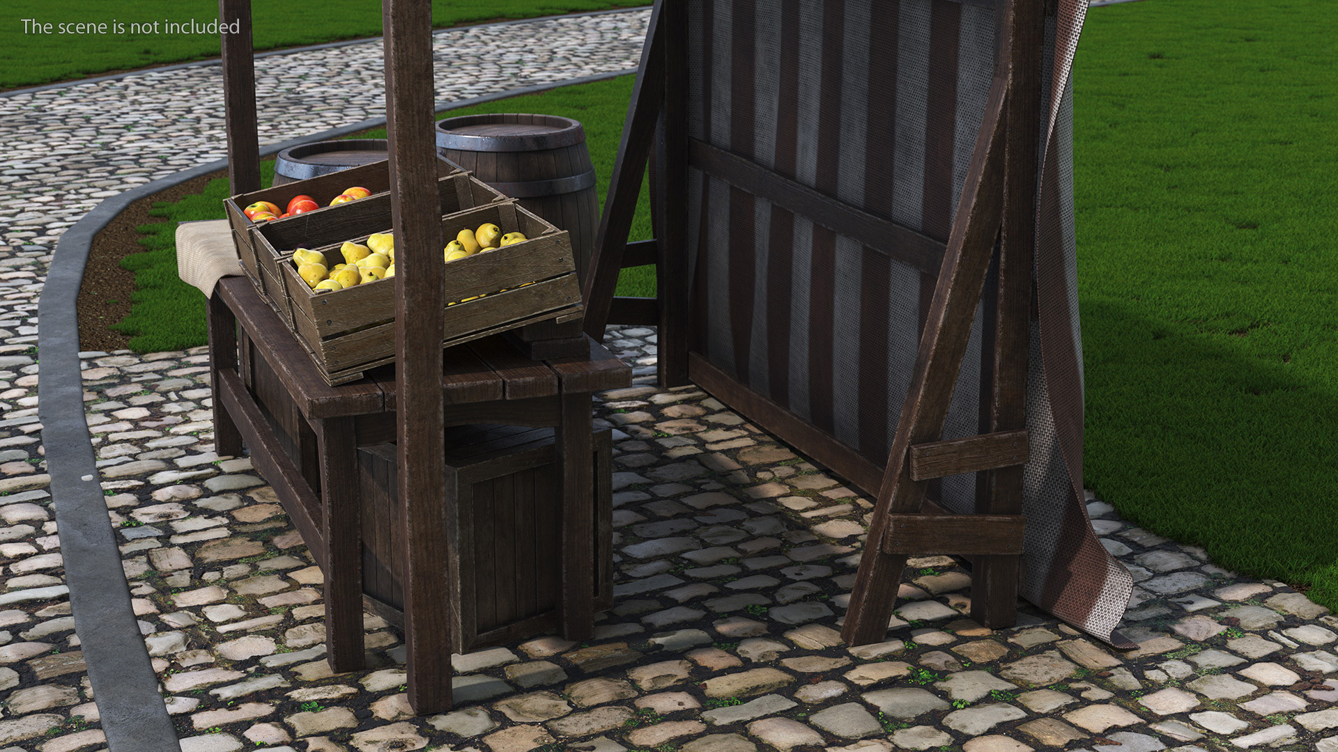 3D Medieval Food Market Stall with Striped Awning
