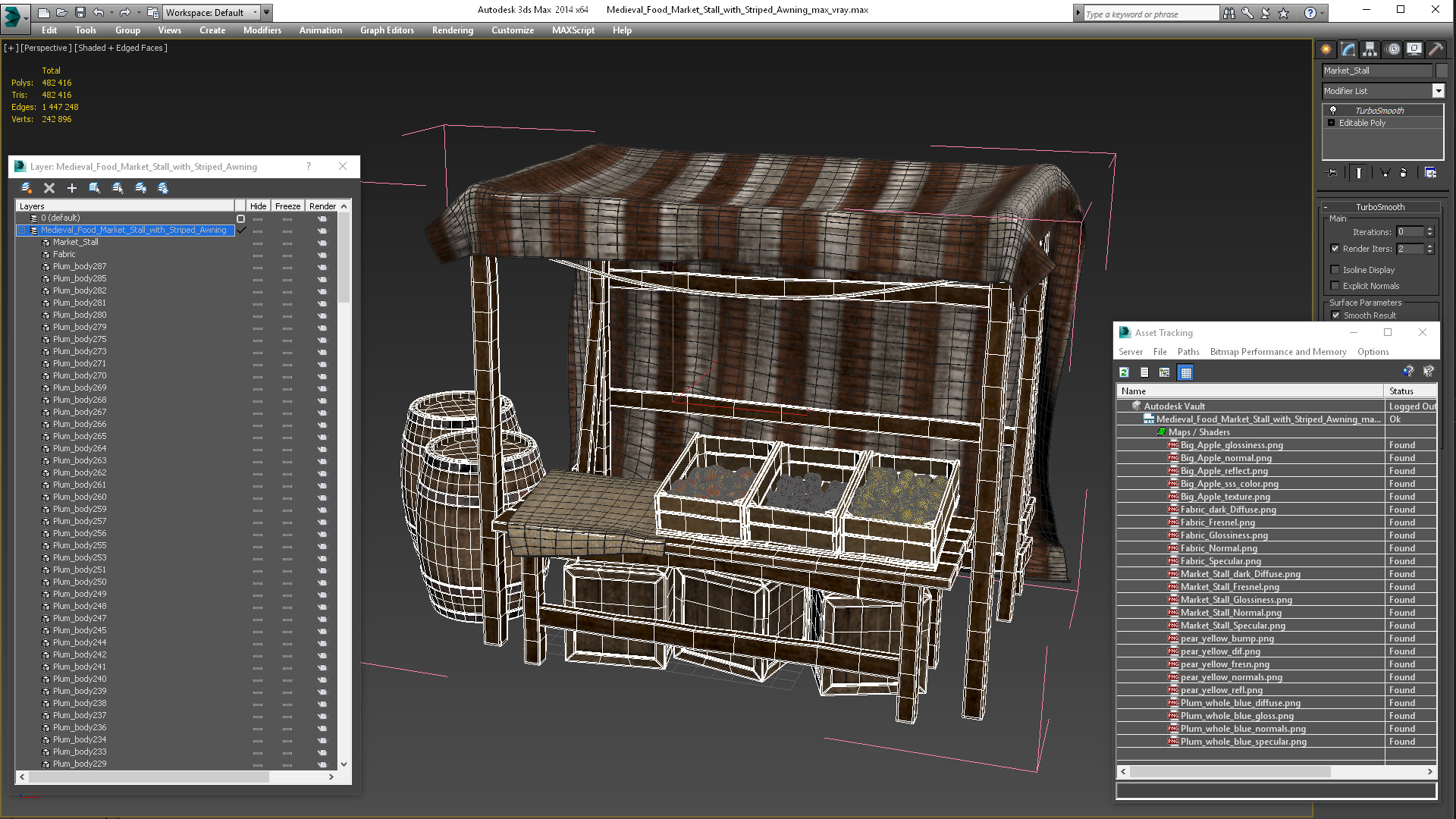 3D Medieval Food Market Stall with Striped Awning