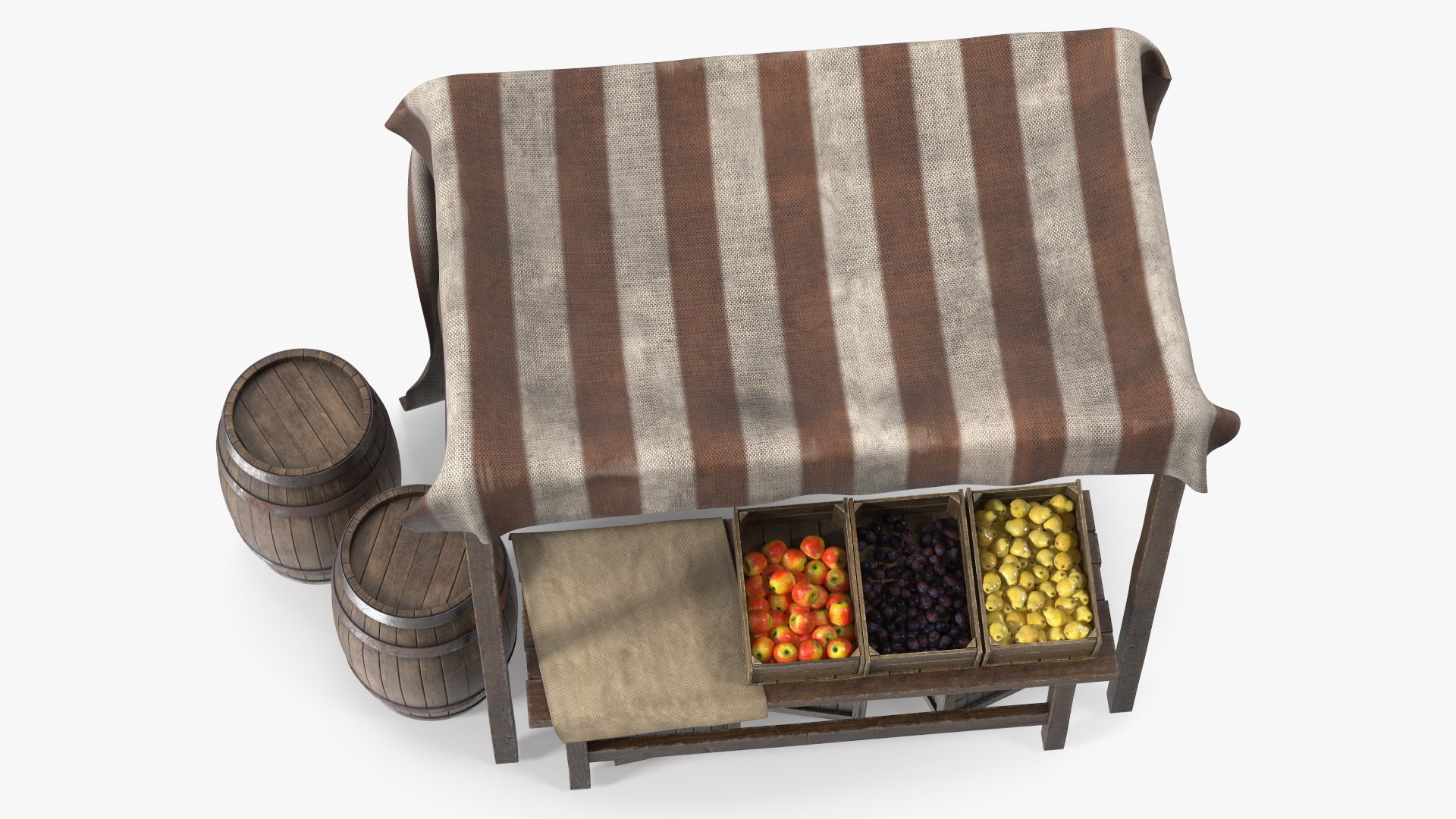 3D Medieval Food Market Stall with Striped Awning