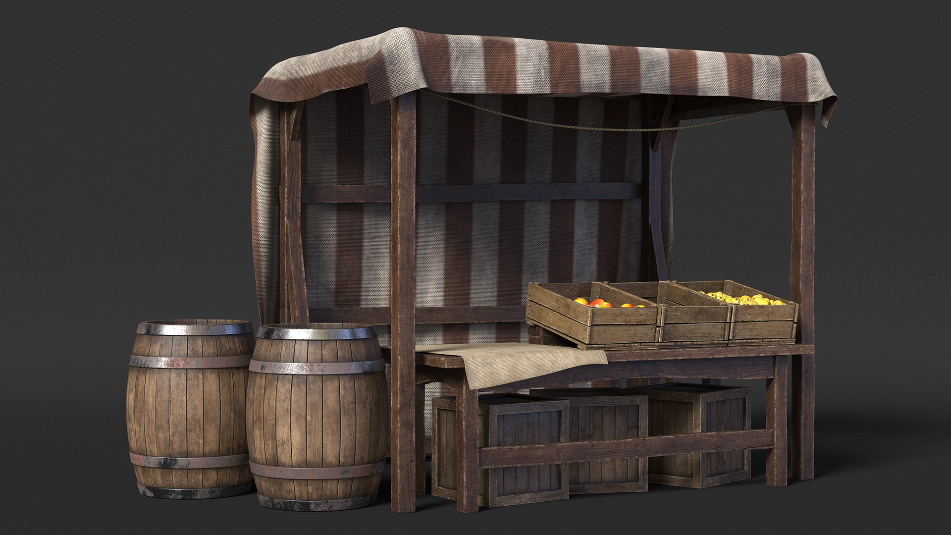 3D Medieval Food Market Stall with Striped Awning