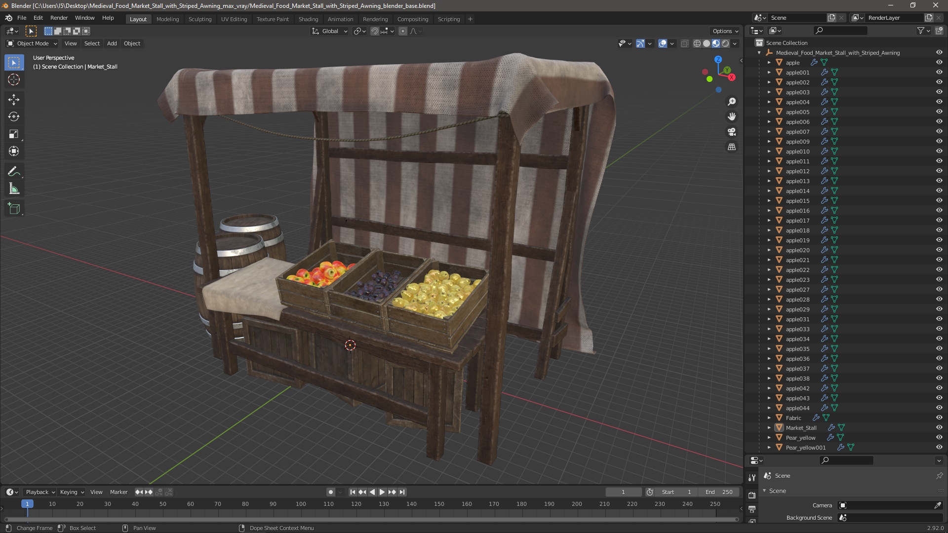 3D Medieval Food Market Stall with Striped Awning