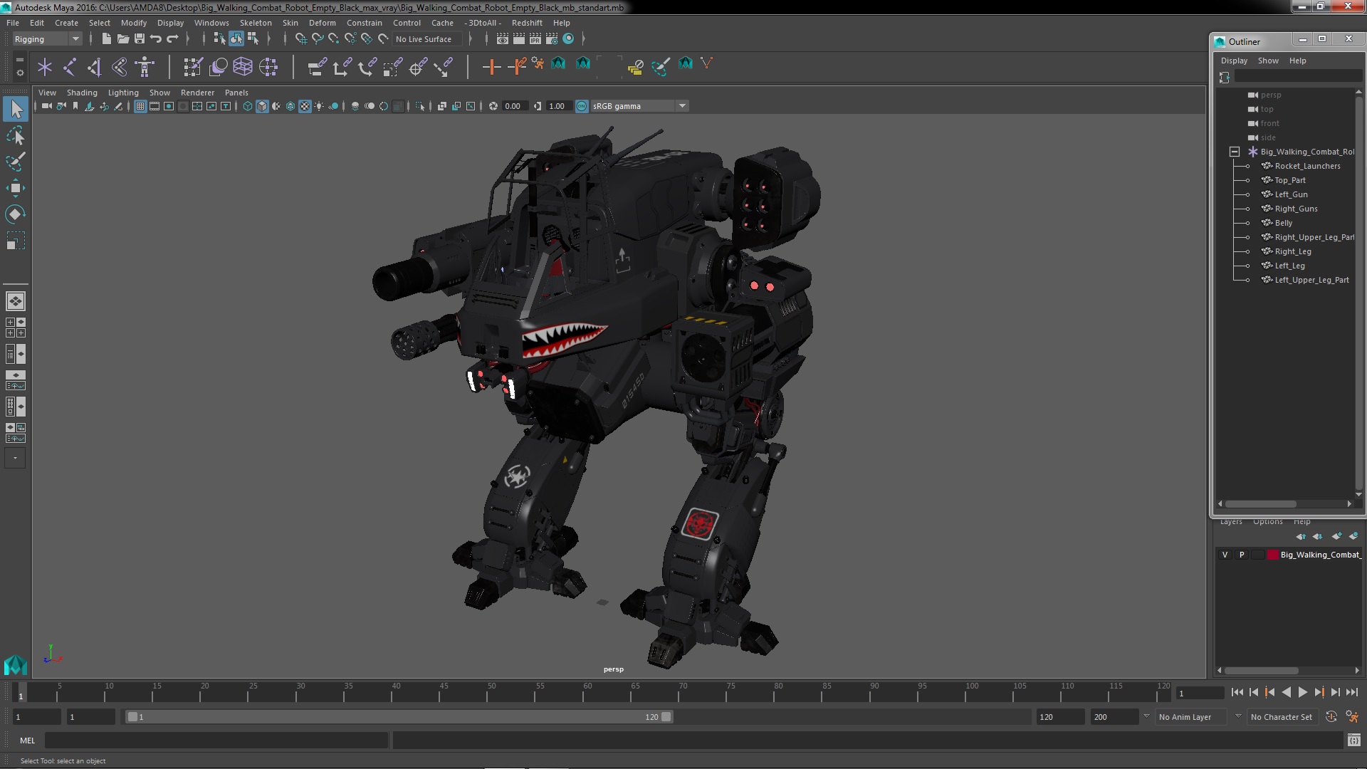 3D Big Walking Combat Robot Empty Black