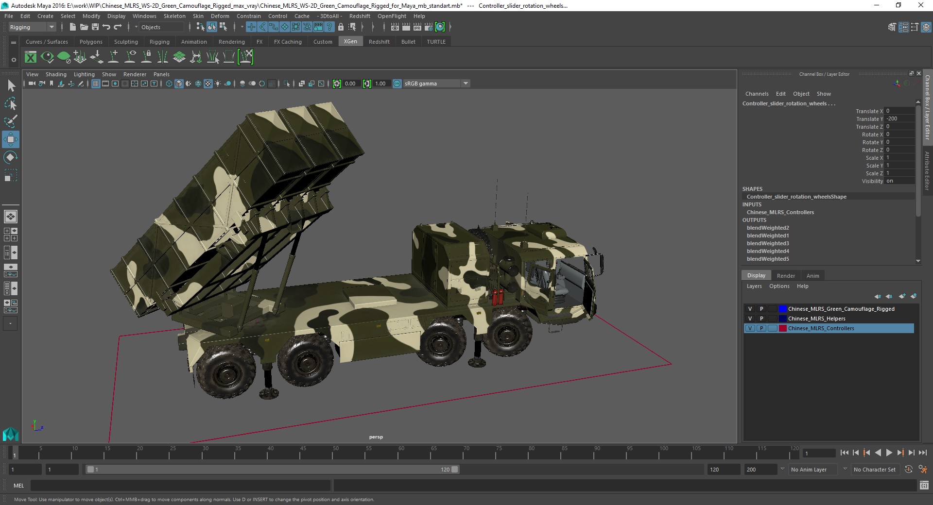 3D Chinese MLRS WS-2D Green Camouflage Rigged for Maya