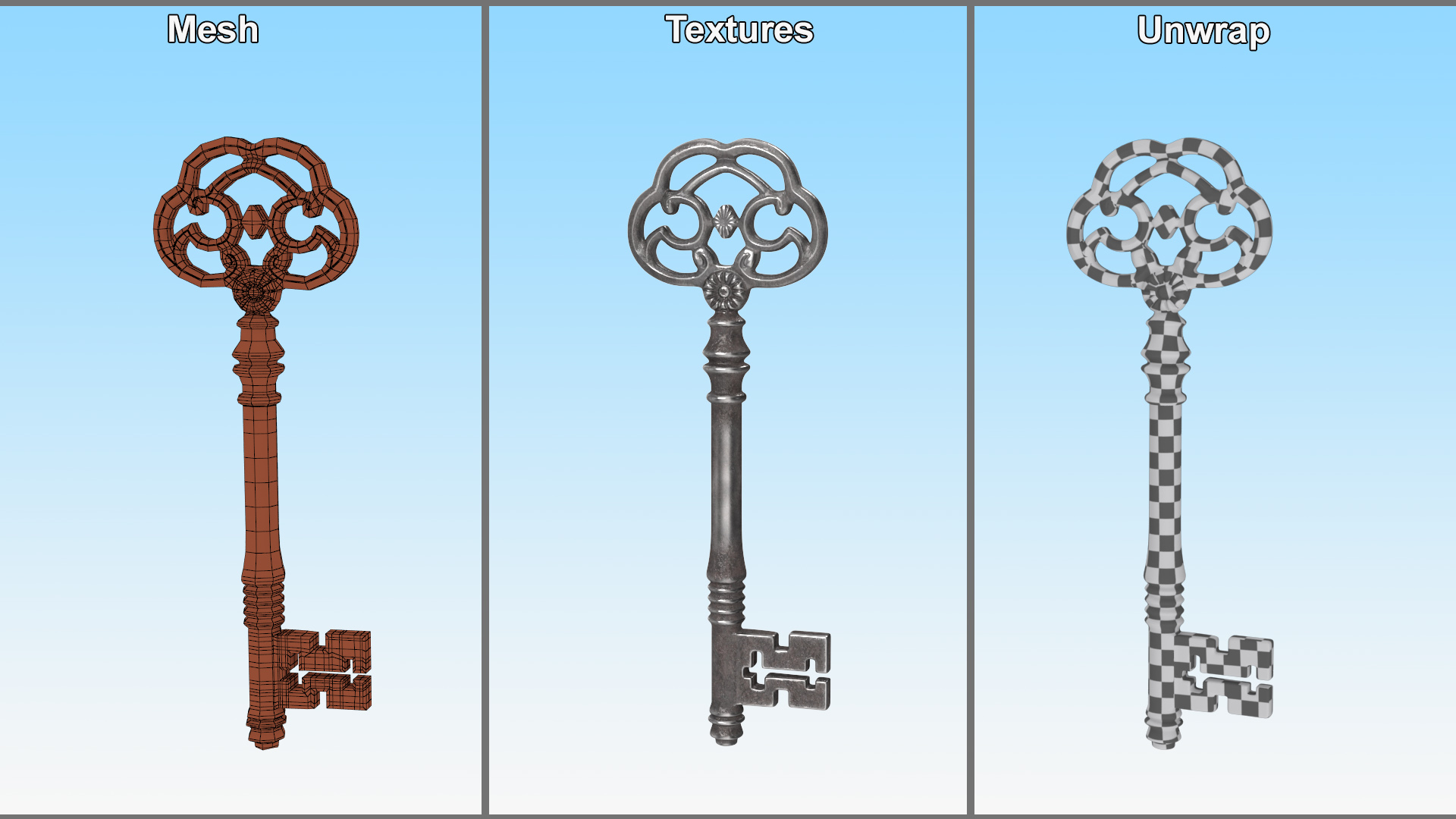 3D Antique Ornate Skeleton Key Steel model