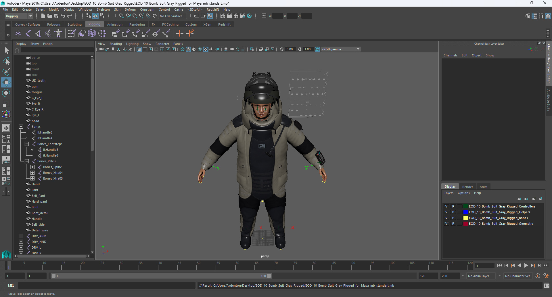 EOD 10 Bomb Suit Gray Rigged for Maya 3D