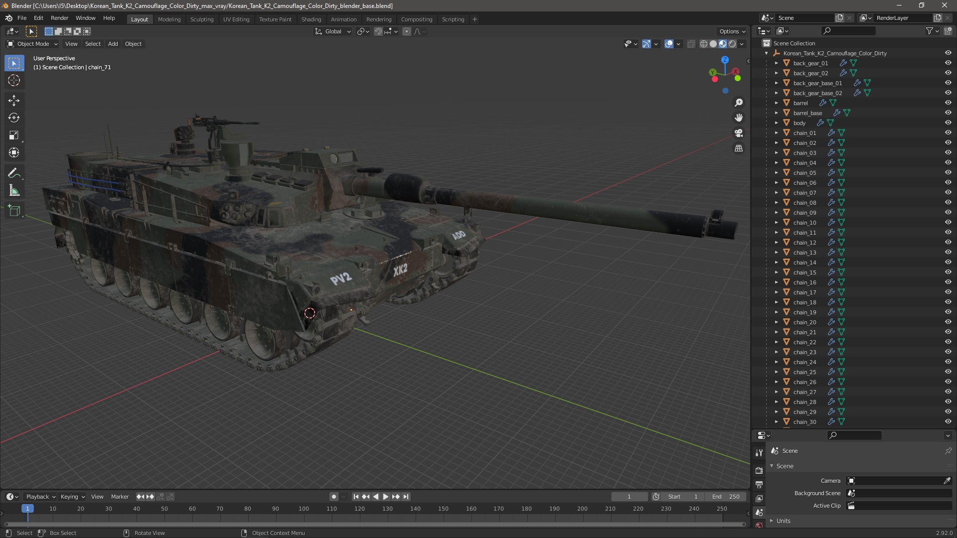 Korean Tank K2 Camouflage Color Dirty 3D