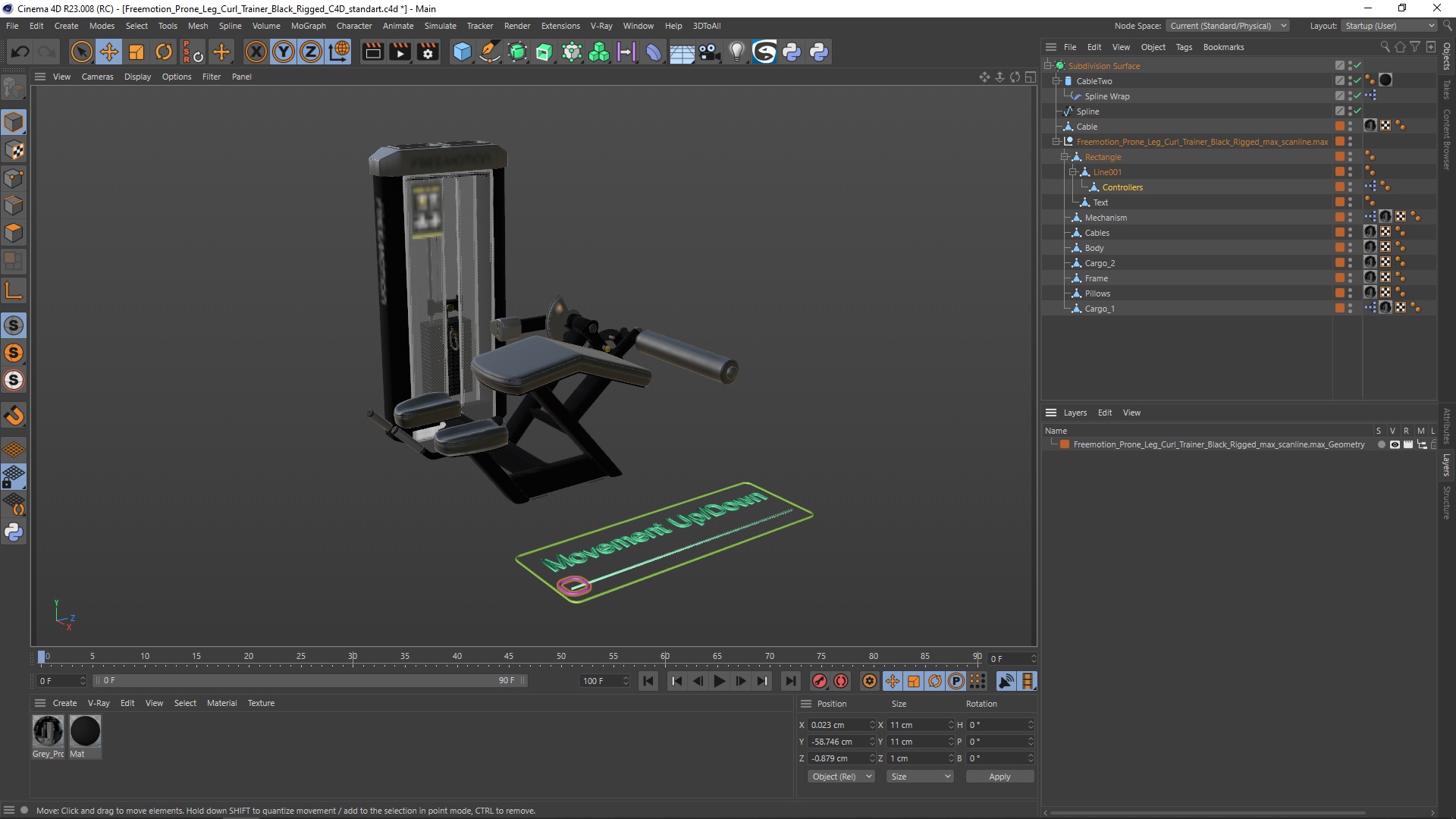 3D model Freemotion Prone Leg Curl Trainer Black Rigged for Cinema 4D