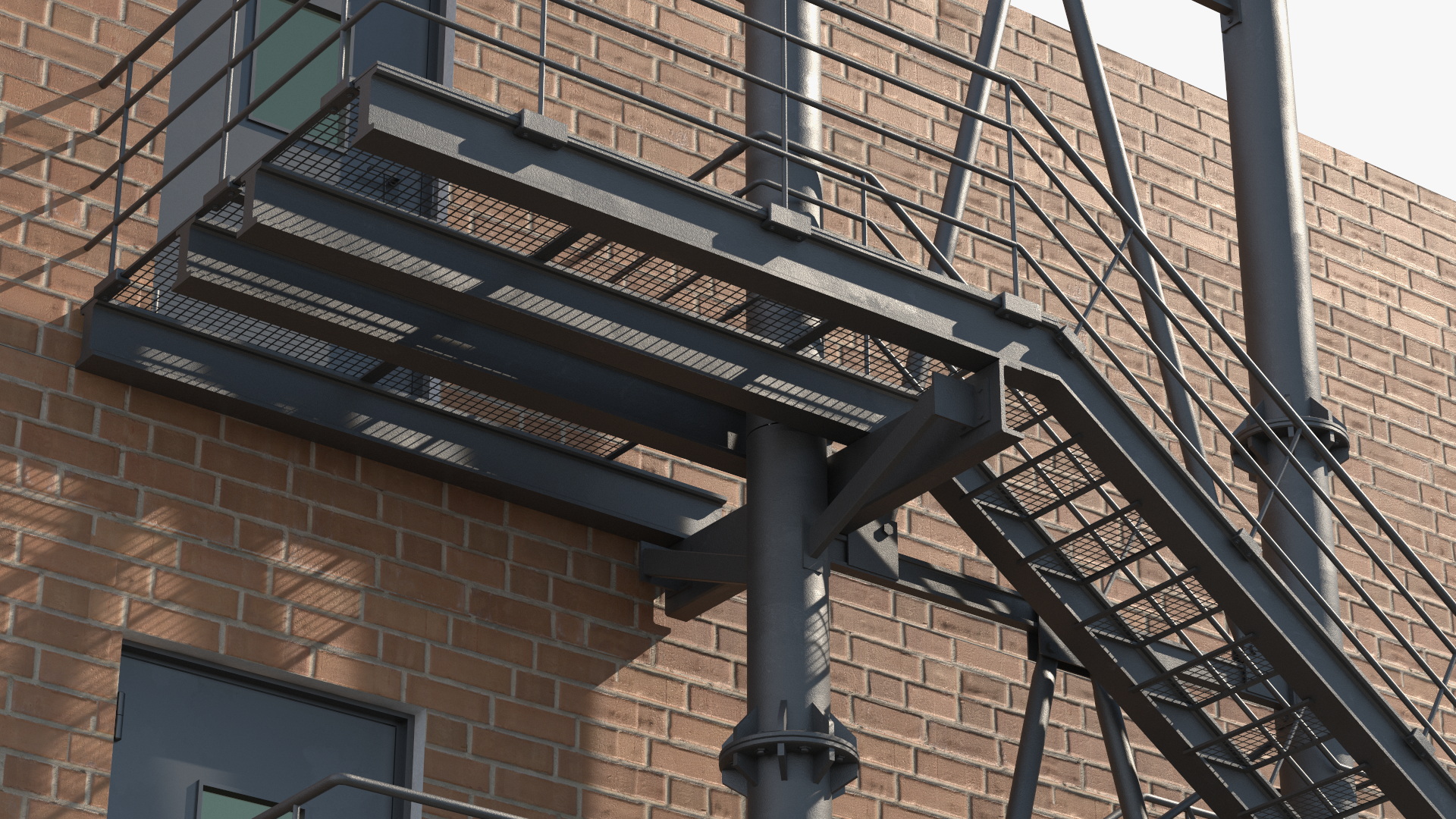Fire Escape Black with Brick Wall of House 3D