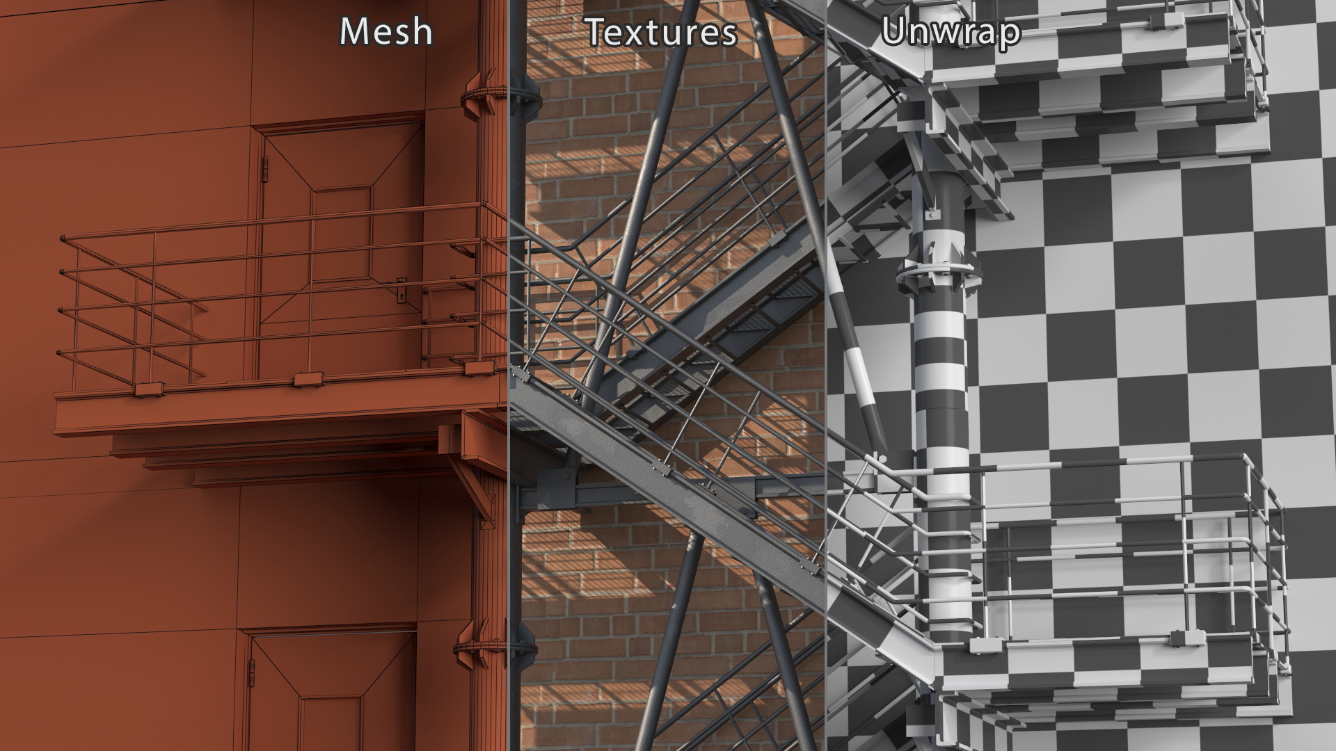 Fire Escape Black with Brick Wall of House 3D