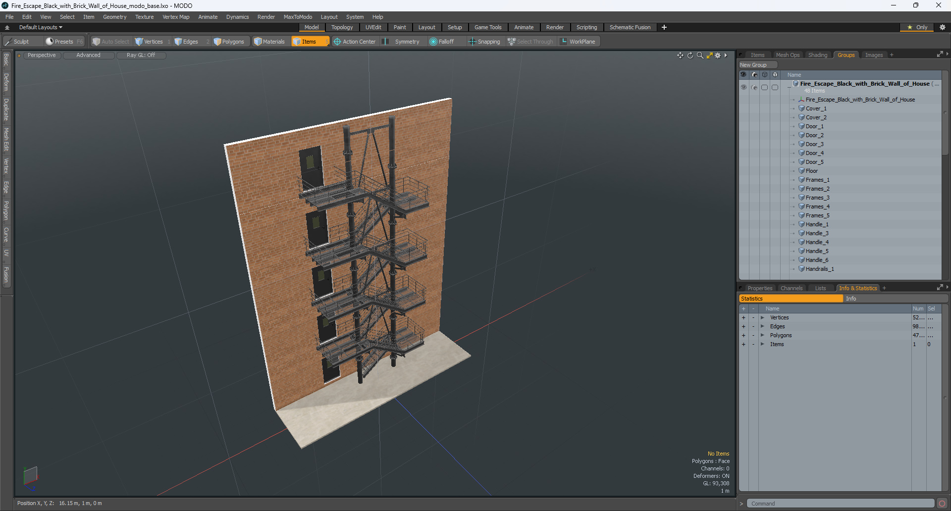 Fire Escape Black with Brick Wall of House 3D