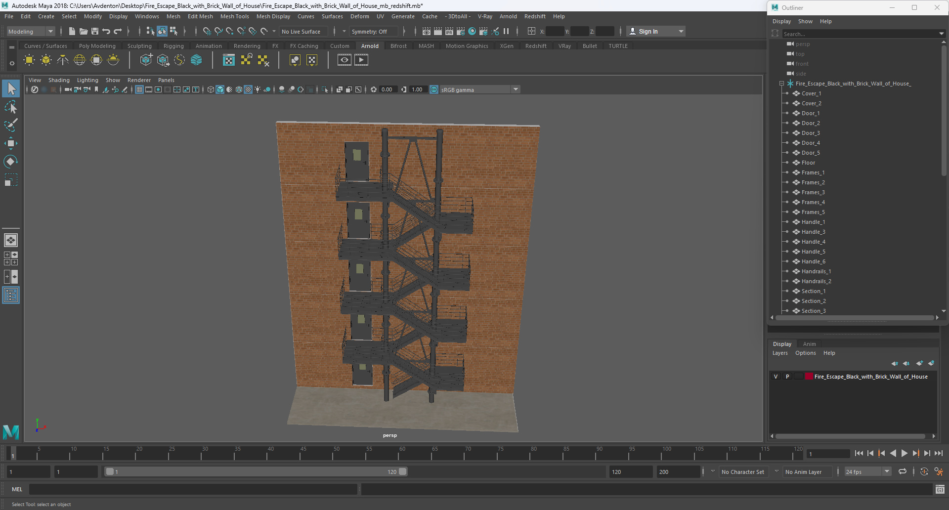 Fire Escape Black with Brick Wall of House 3D