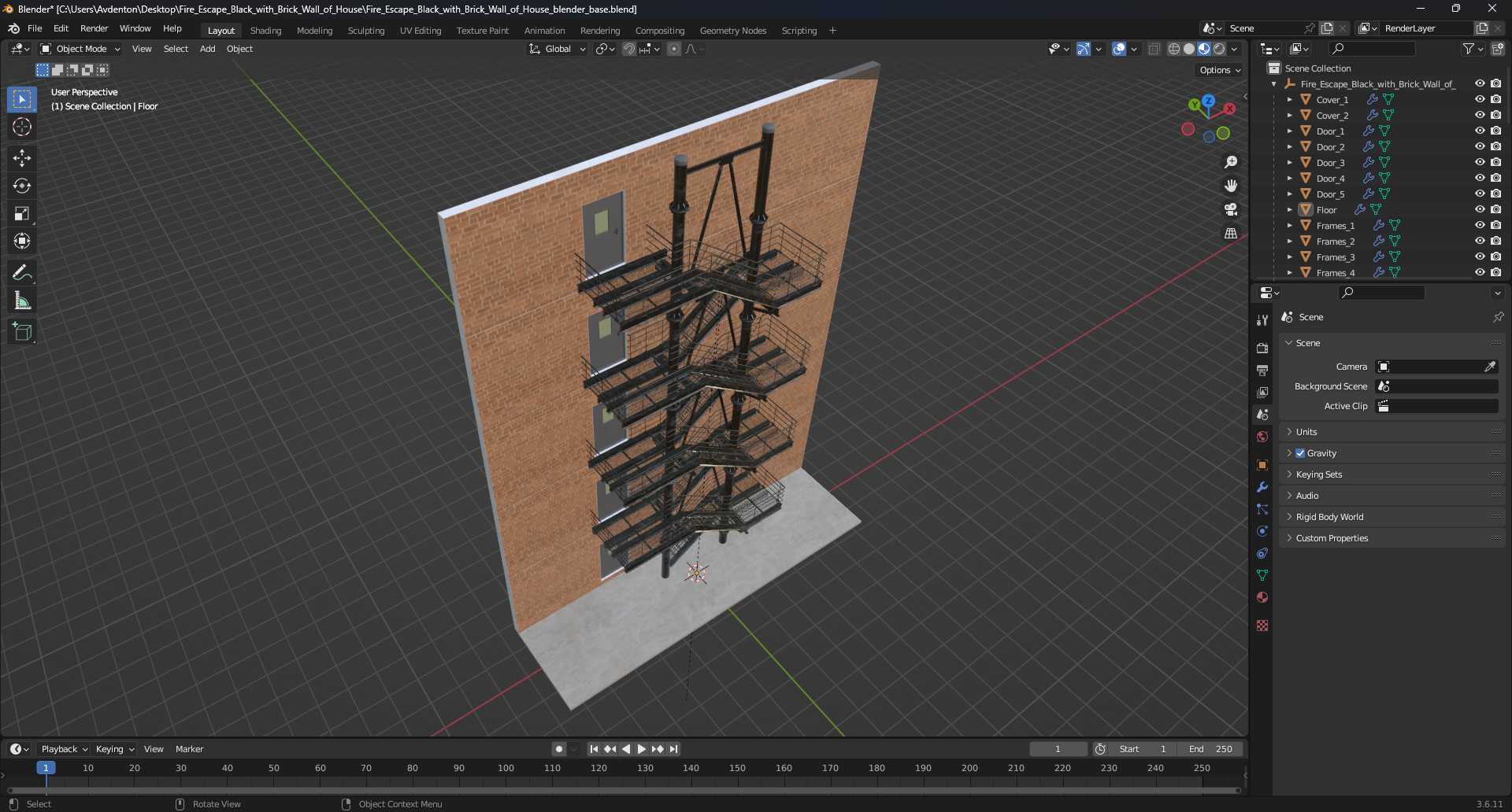 Fire Escape Black with Brick Wall of House 3D