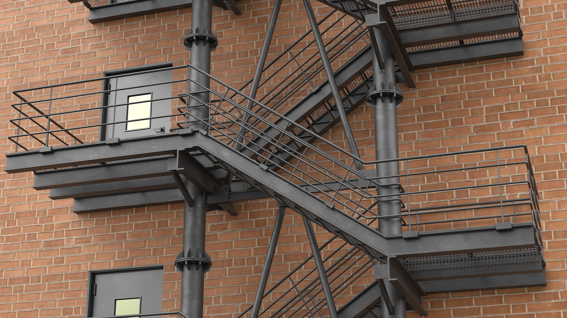 Fire Escape Black with Brick Wall of House 3D