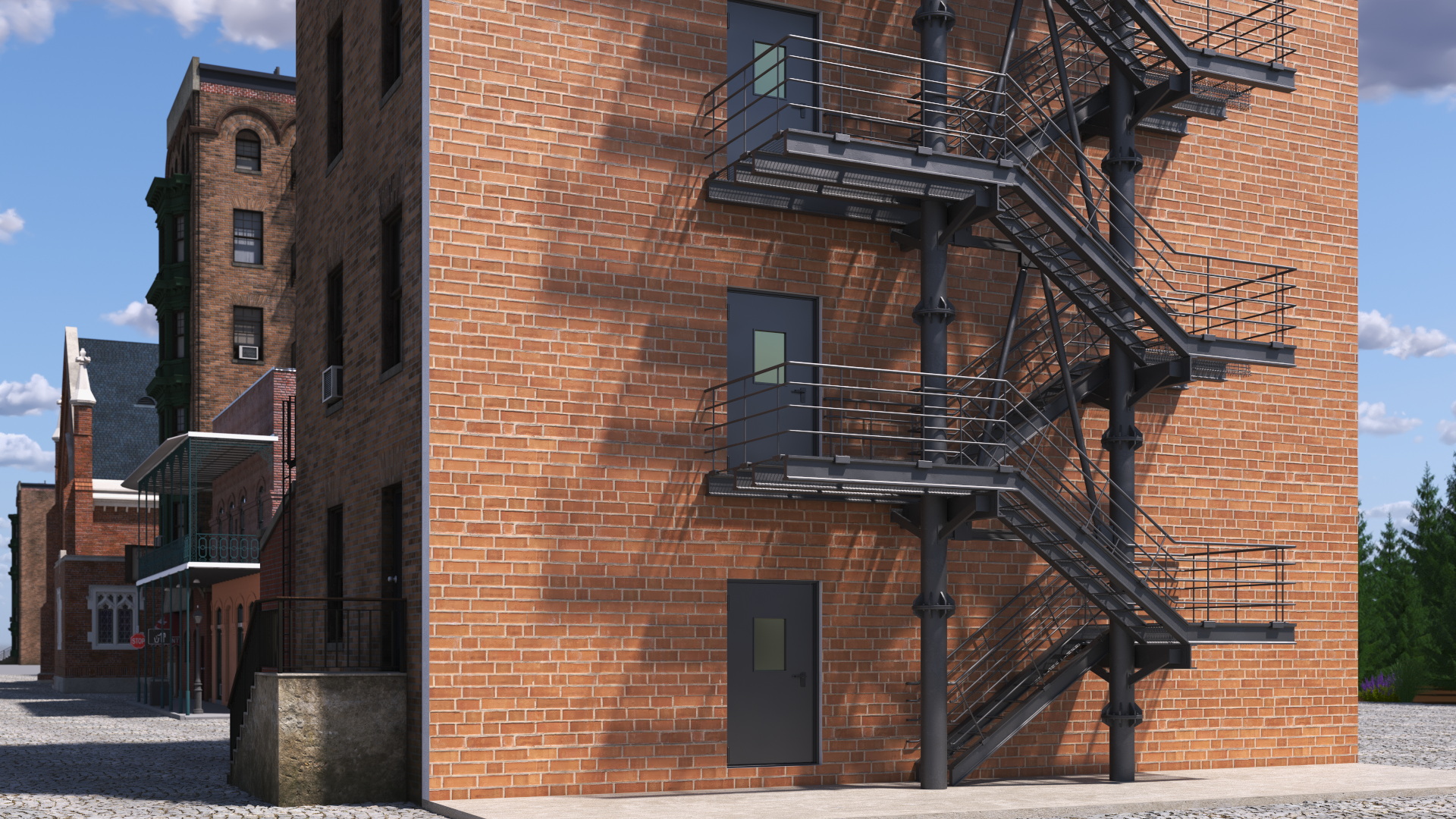 Fire Escape Black with Brick Wall of House 3D