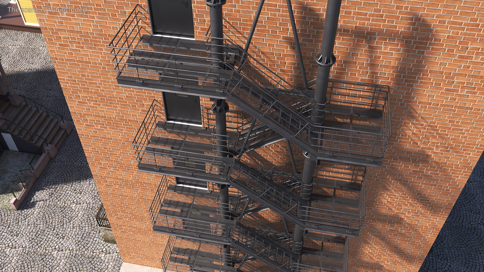 Fire Escape Black with Brick Wall of House 3D