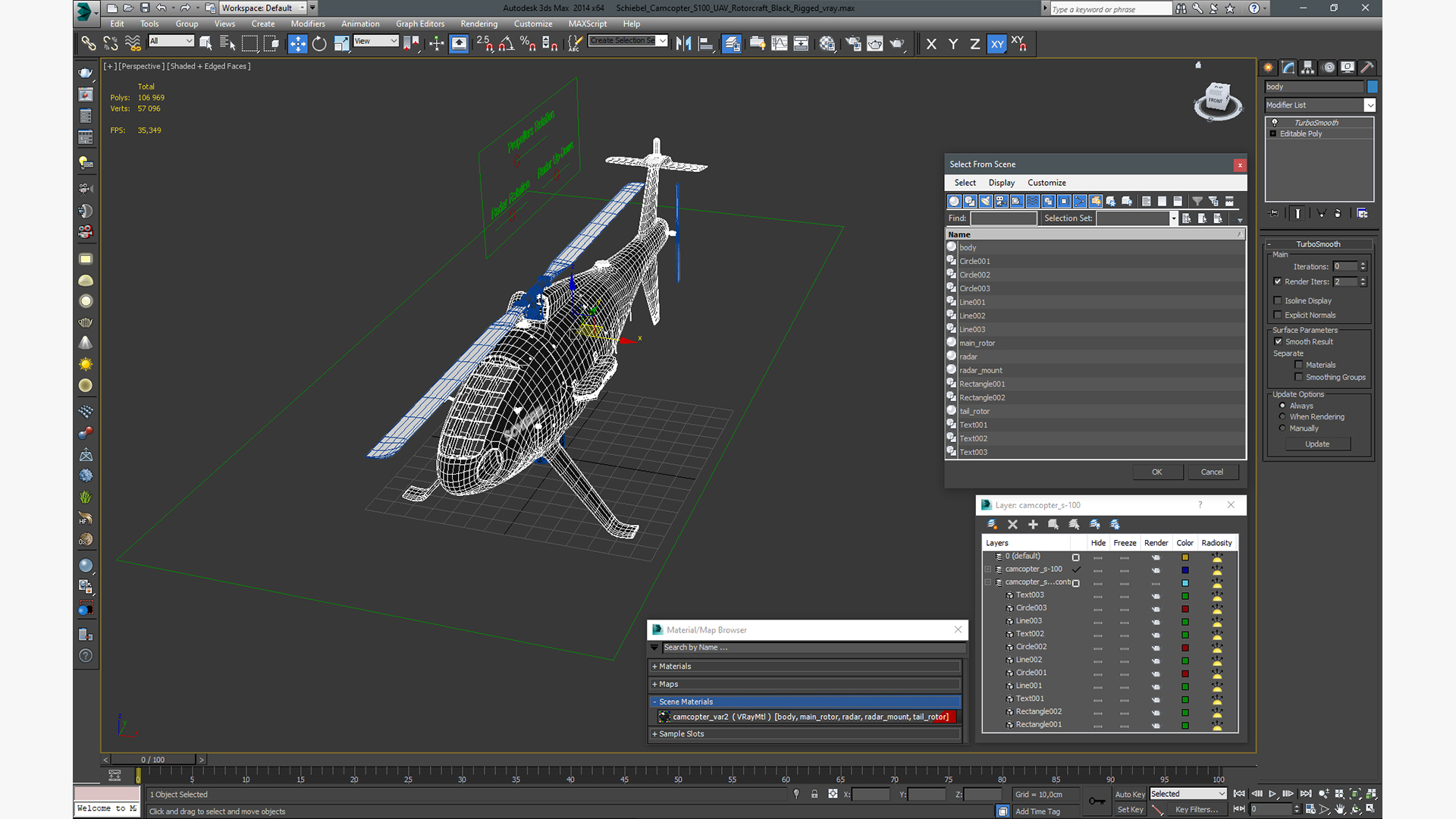 3D Schiebel Camcopter S100 UAV Rotorcraft Black Rigged