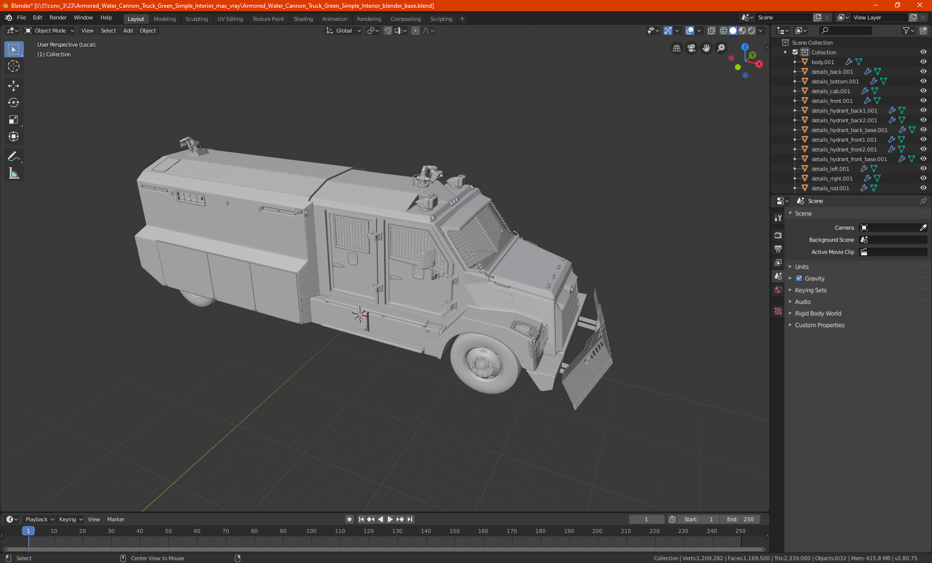 3D Armored Water Cannon Truck Green Simple Interior model