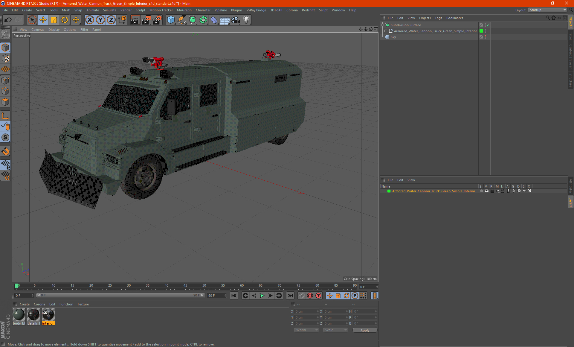 3D Armored Water Cannon Truck Green Simple Interior model